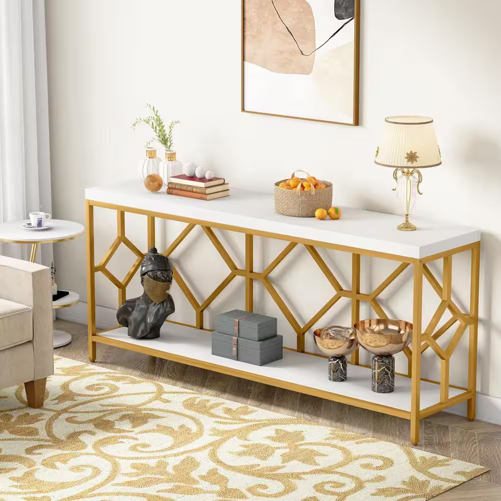 Turrella 70.9 In. Whiteandgold Extra Long Rectangle Wood Console Table behind Co