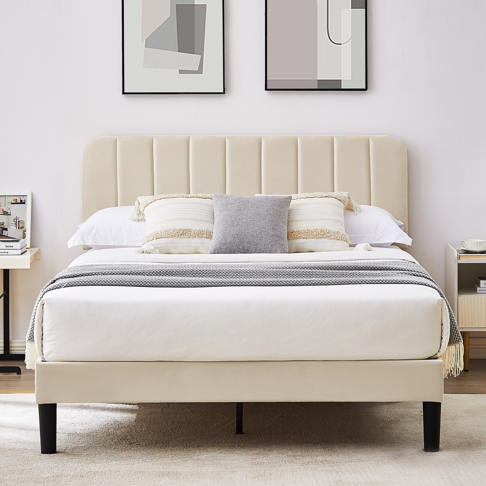 VECELO Upholstered Bed Frame with Headboard Twin/Full/Queen Mattress Foundation