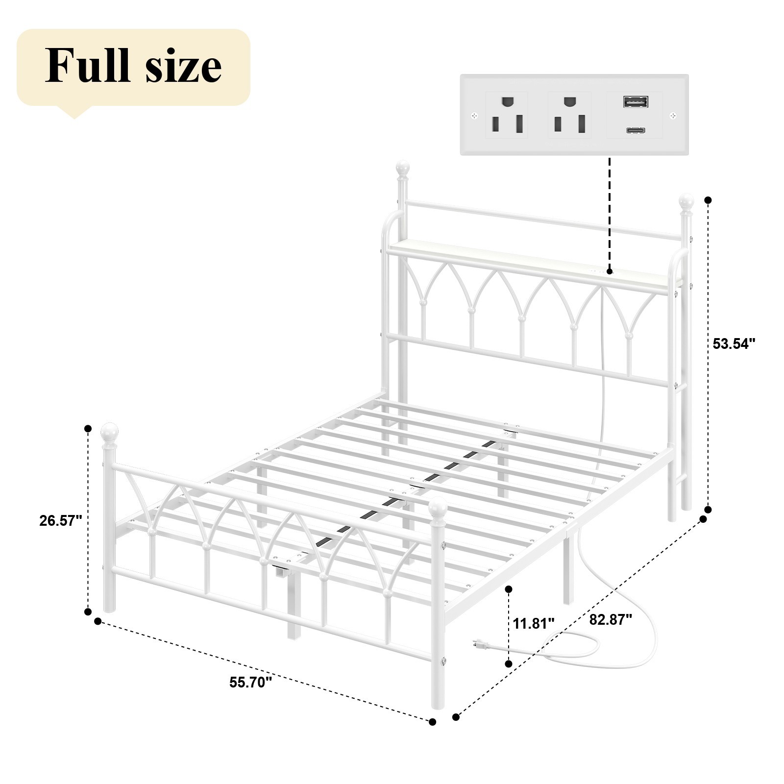 Queen Metal Bed Frame with Charging Station, Headboard storage space,LED Lights.