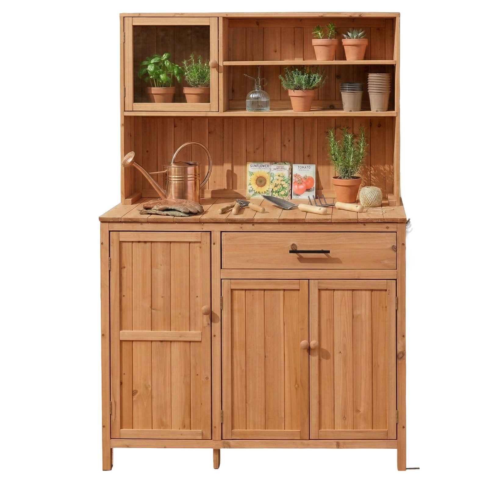 Potting Bench with Hutch, 65″ Solid Fir Wood Garden Workstation, Natural