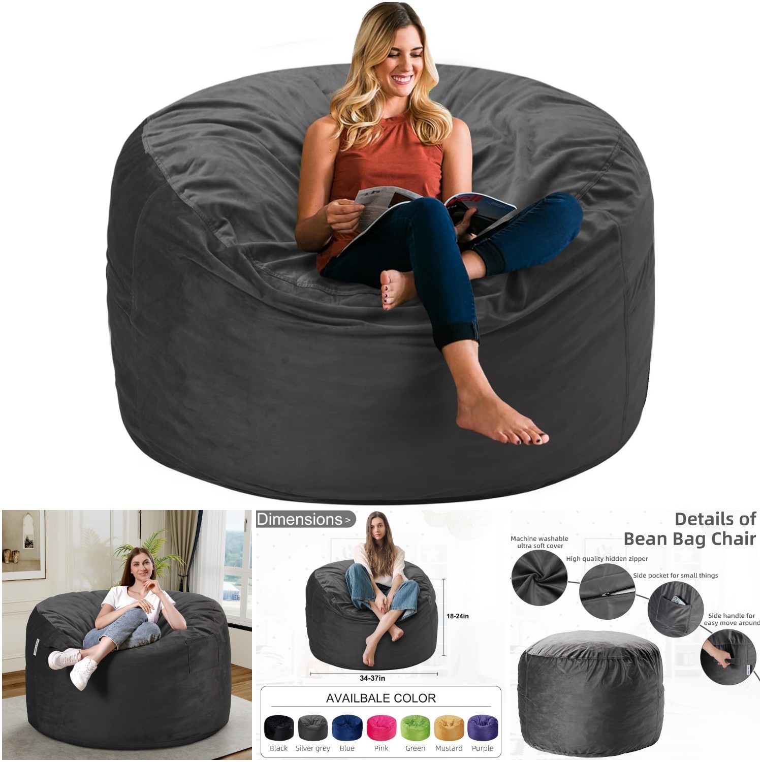 3ft Grey Ultra Soft Velvet Memory Foam Bean Bag Chair Luxurious Plush Sofa