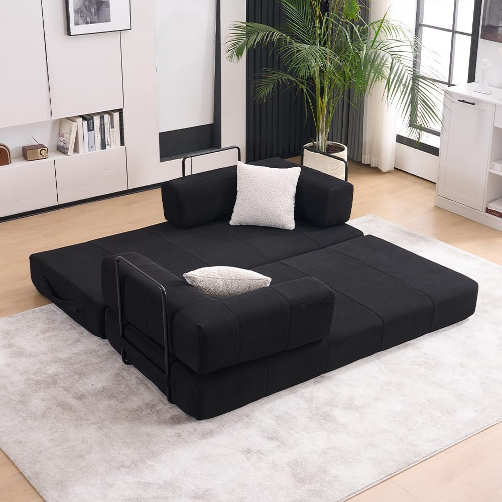 79.92″ Convertible Folding Sofa Bed with 2 Pillows, Black Futon Sleeper