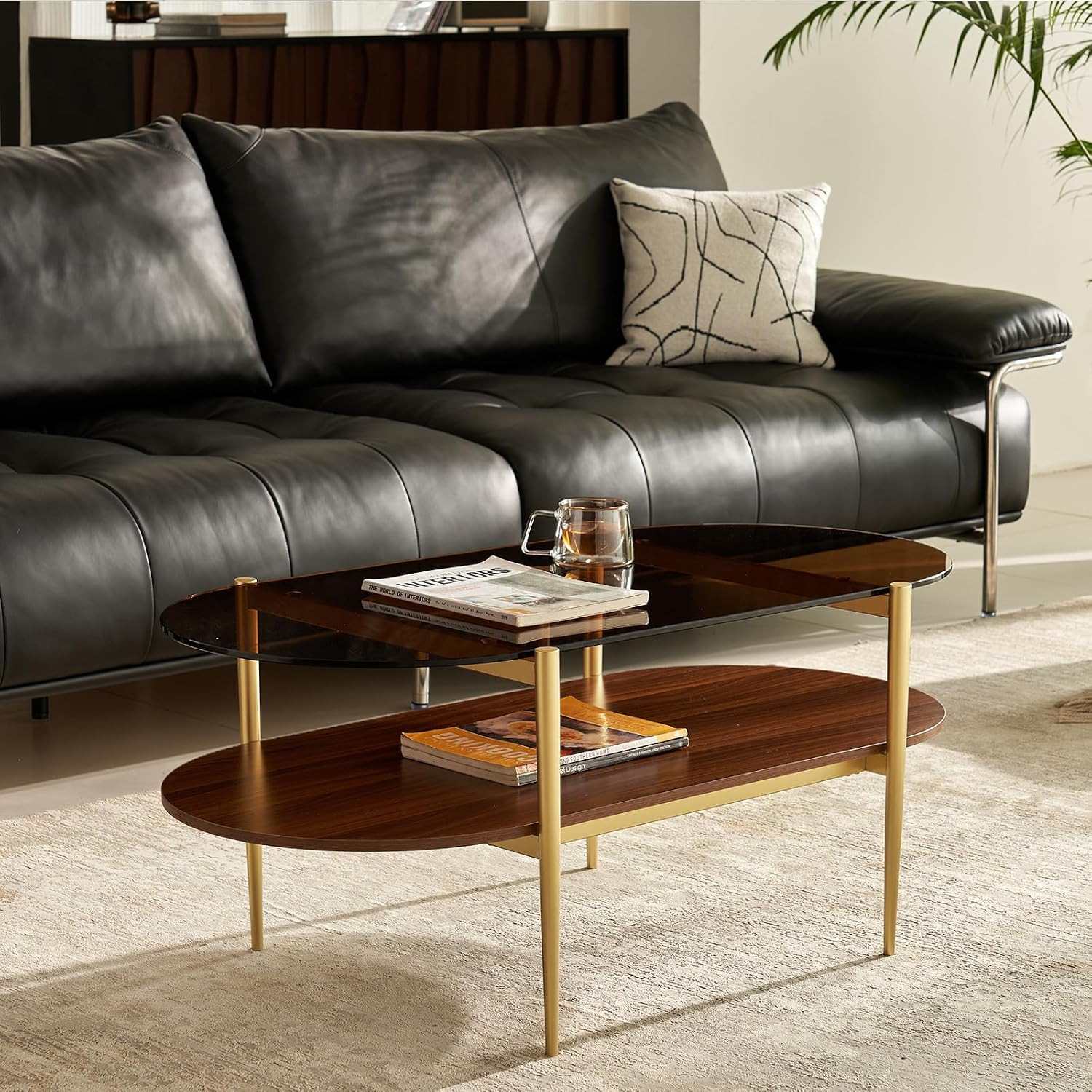 Oval Coffee Table, Mid-Century Modern Design, 2-Tier Structure, Amber Glass Top