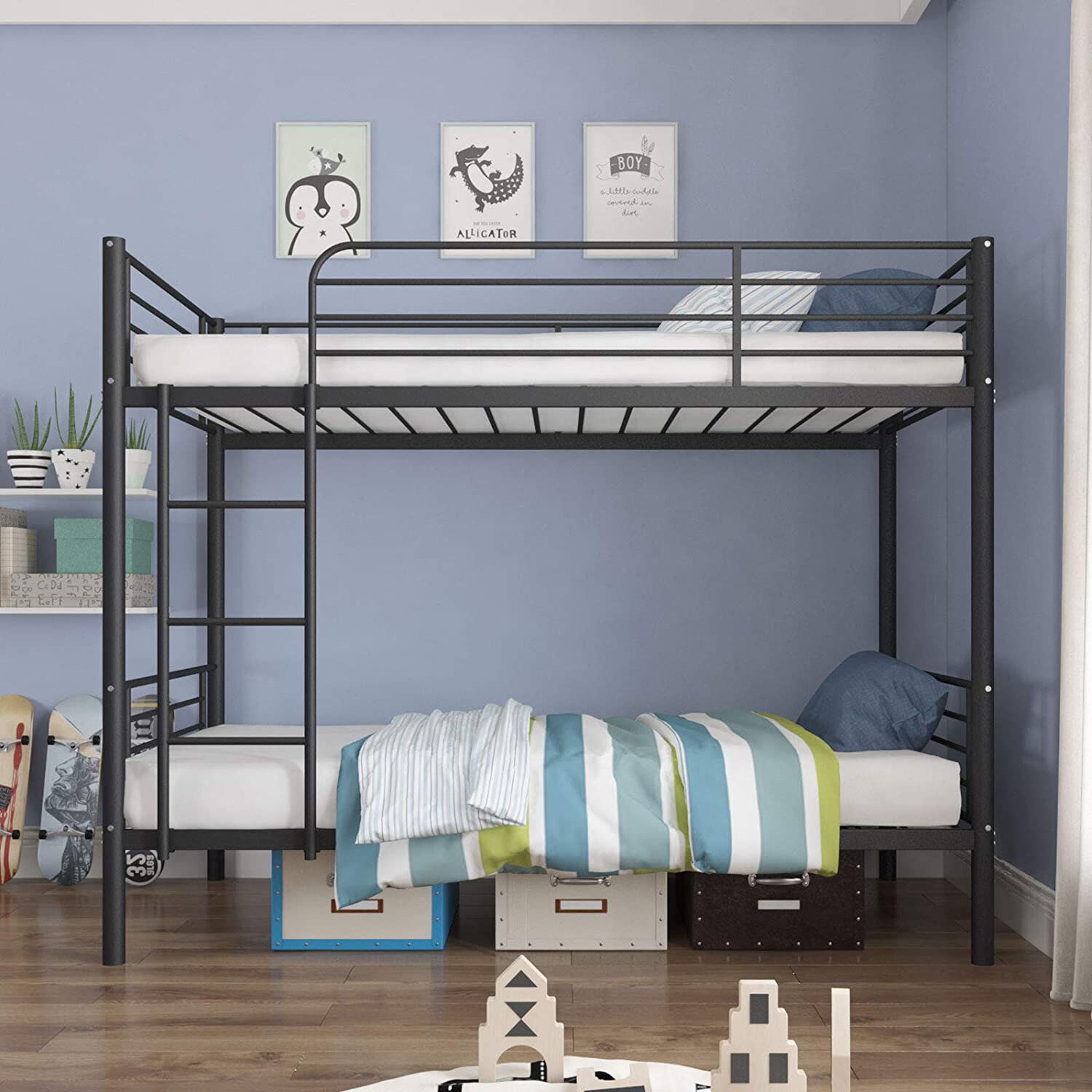Twin Over Twin Metal Bunk Beds Convertible Bed Frame with Ladder Heavy Duty