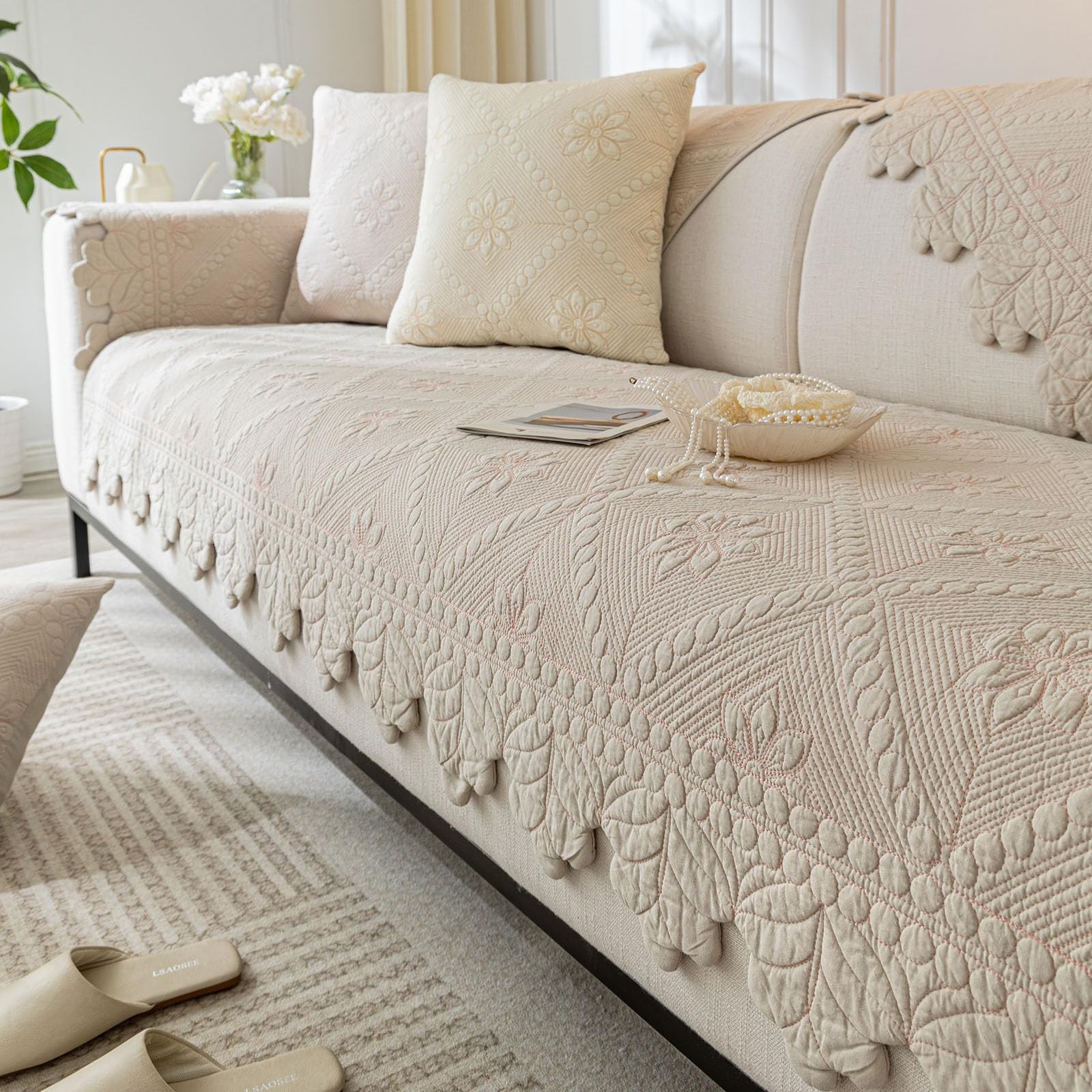 Quilted Dog Sofa Cover – Cotton Couch Protector with Rustic Embroidery Design