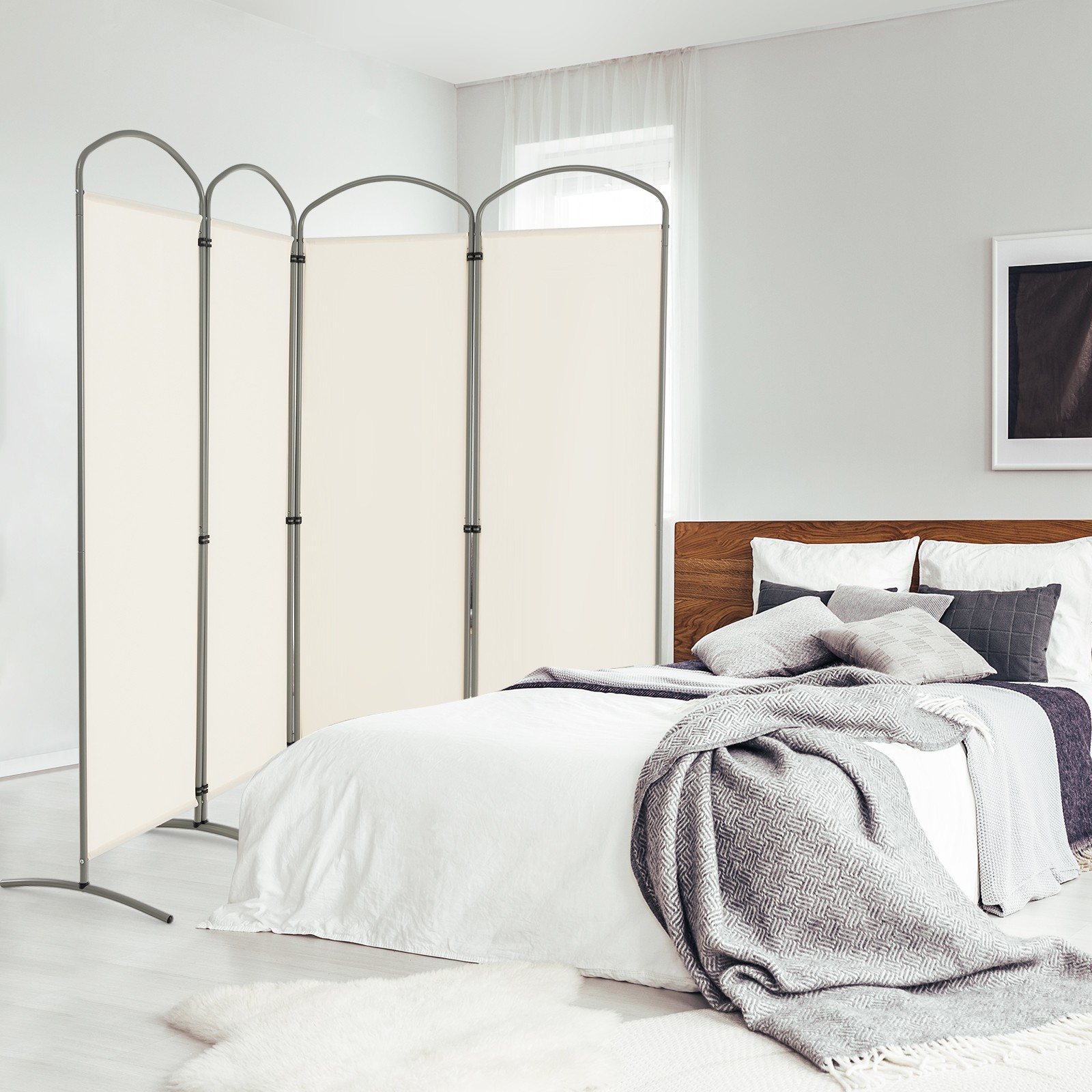 4 Panels Folding Room Divider 6 Ft Tall Fabric Privacy Screen White