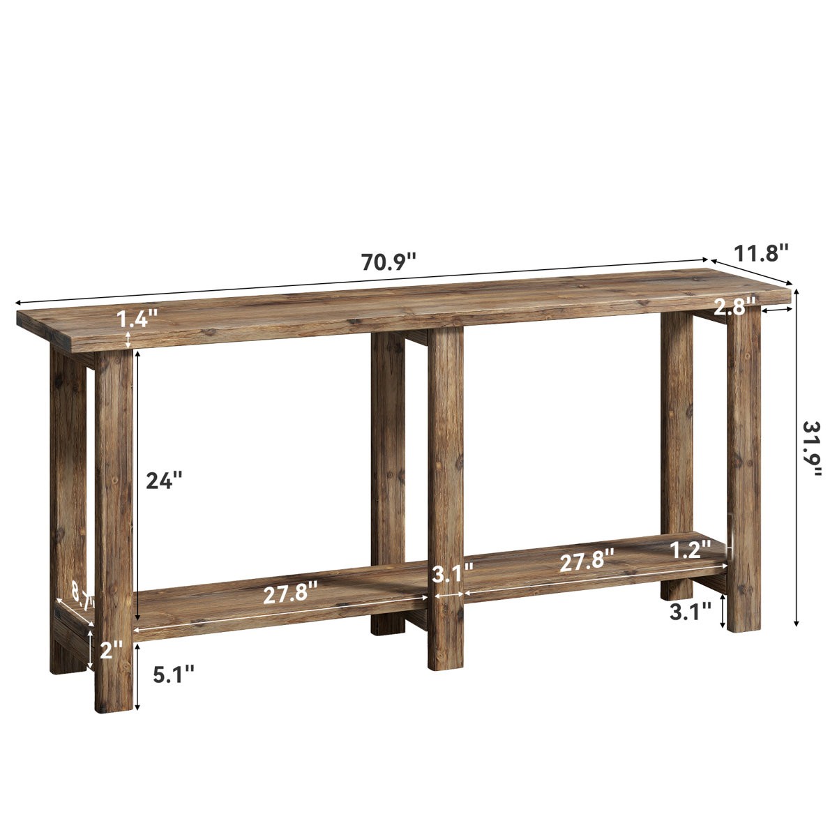 70.9-Inch Extra Long Solid Wood Console Table, Wooden Sofa Table for Entryway