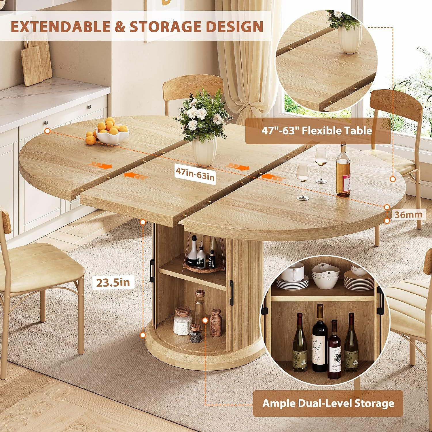 Extendable Round Dining Table for 4-6 with Storage Shelf – Natural Oka Finish