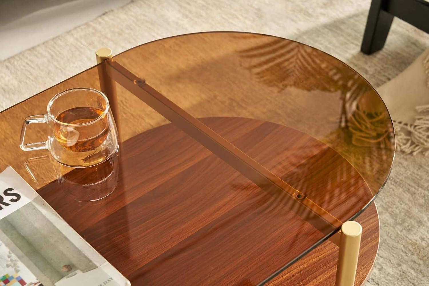 Oval Coffee Table, Mid-Century Modern Design, 2-Tier Structure, Amber Glass Top