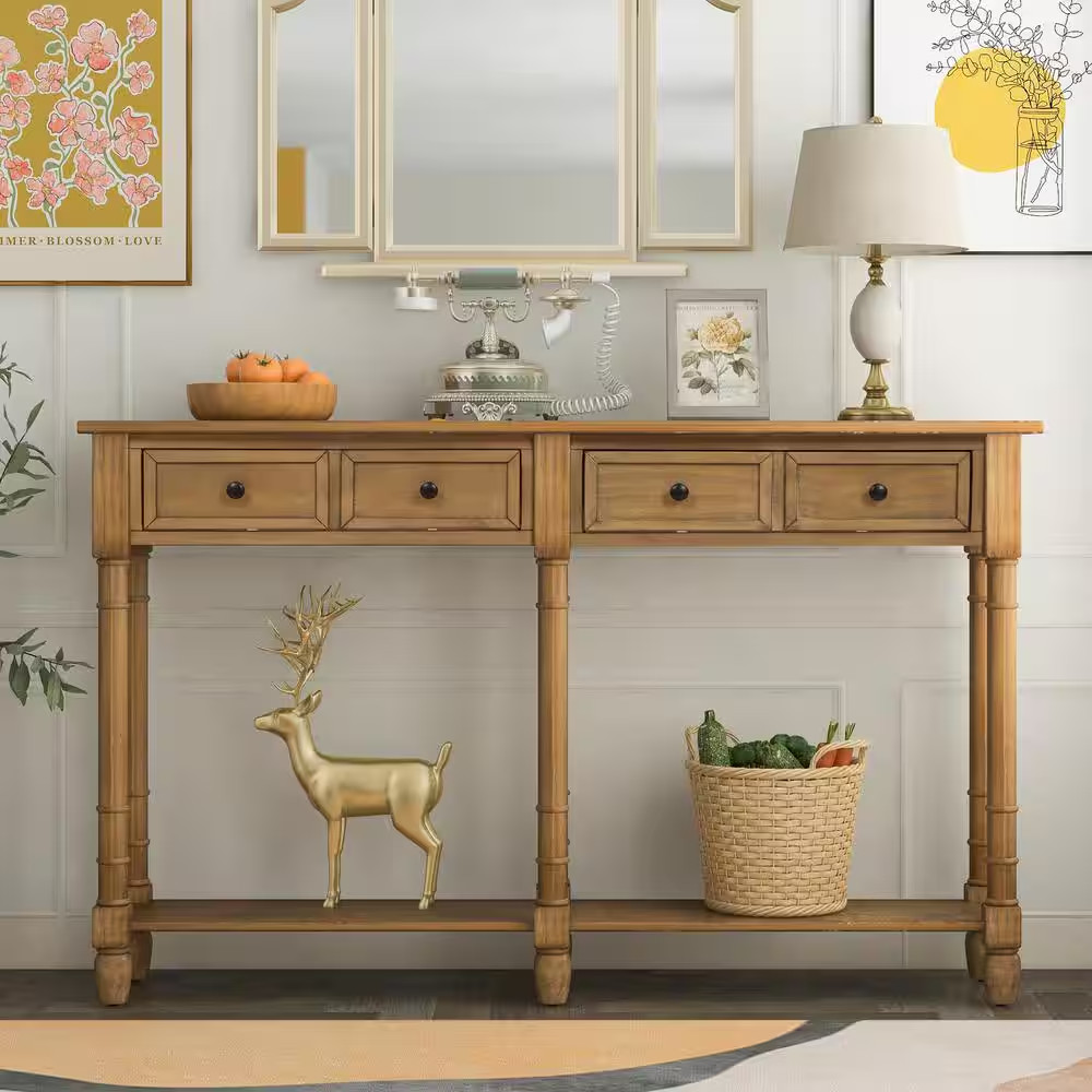 58 In. Old Pine Standard Rectangle Wood Console Table with Drawers