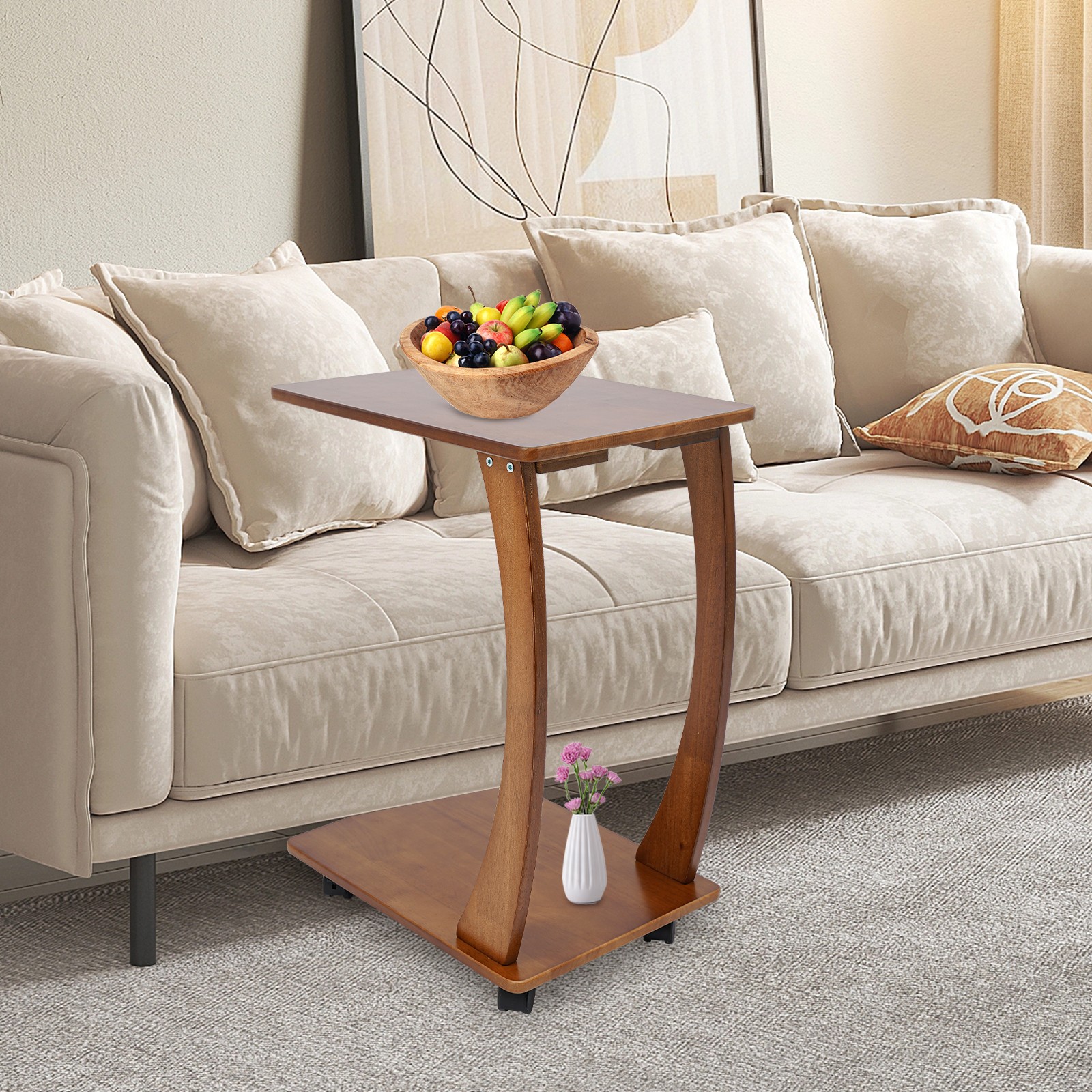 Wooden C-shaped Side Table with Wheels End Tables TV Tray Table Light Walnut