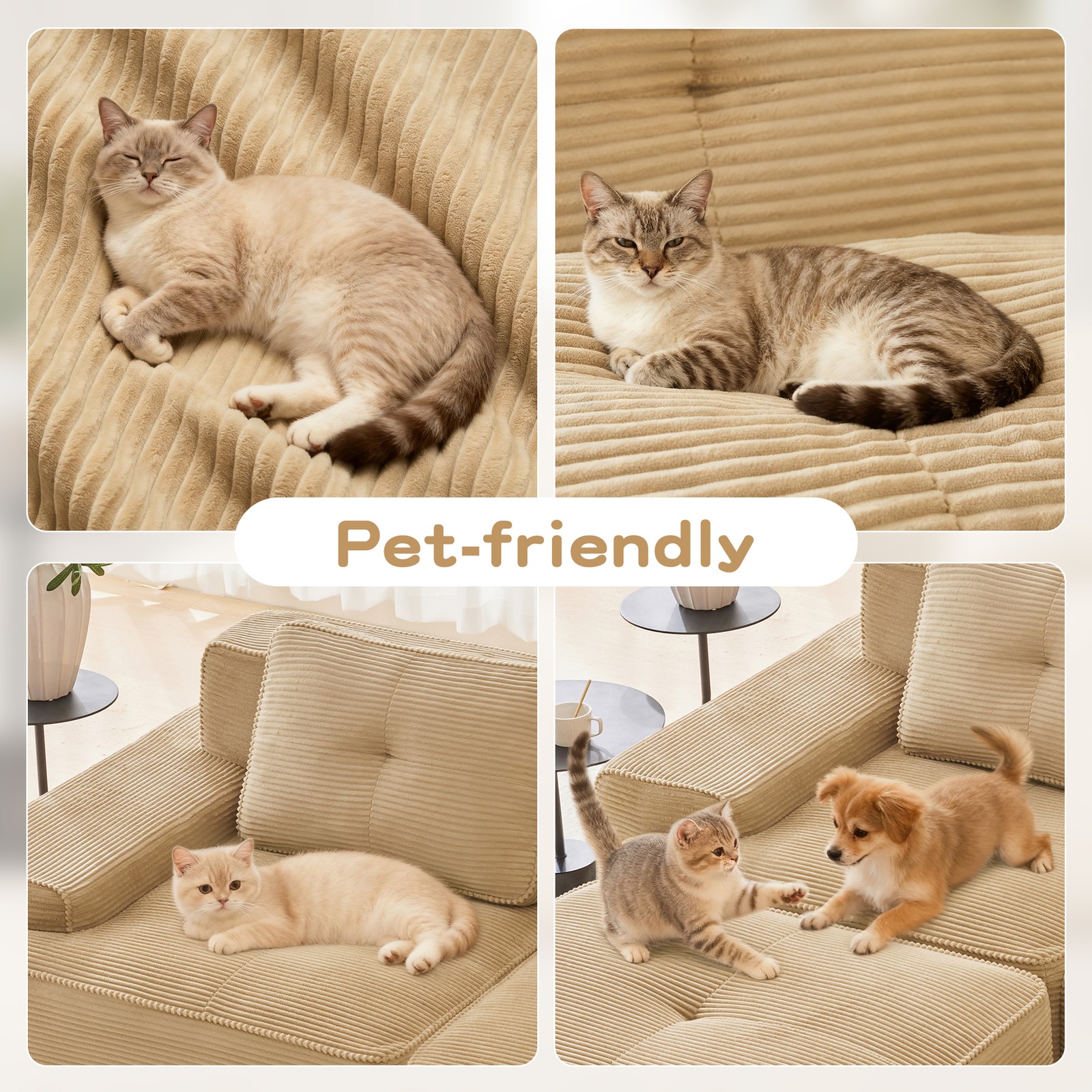 117 Inch Modern L Shaped Corduroy Sofa Camel 3 Seat Deep Plush Comfy Couch