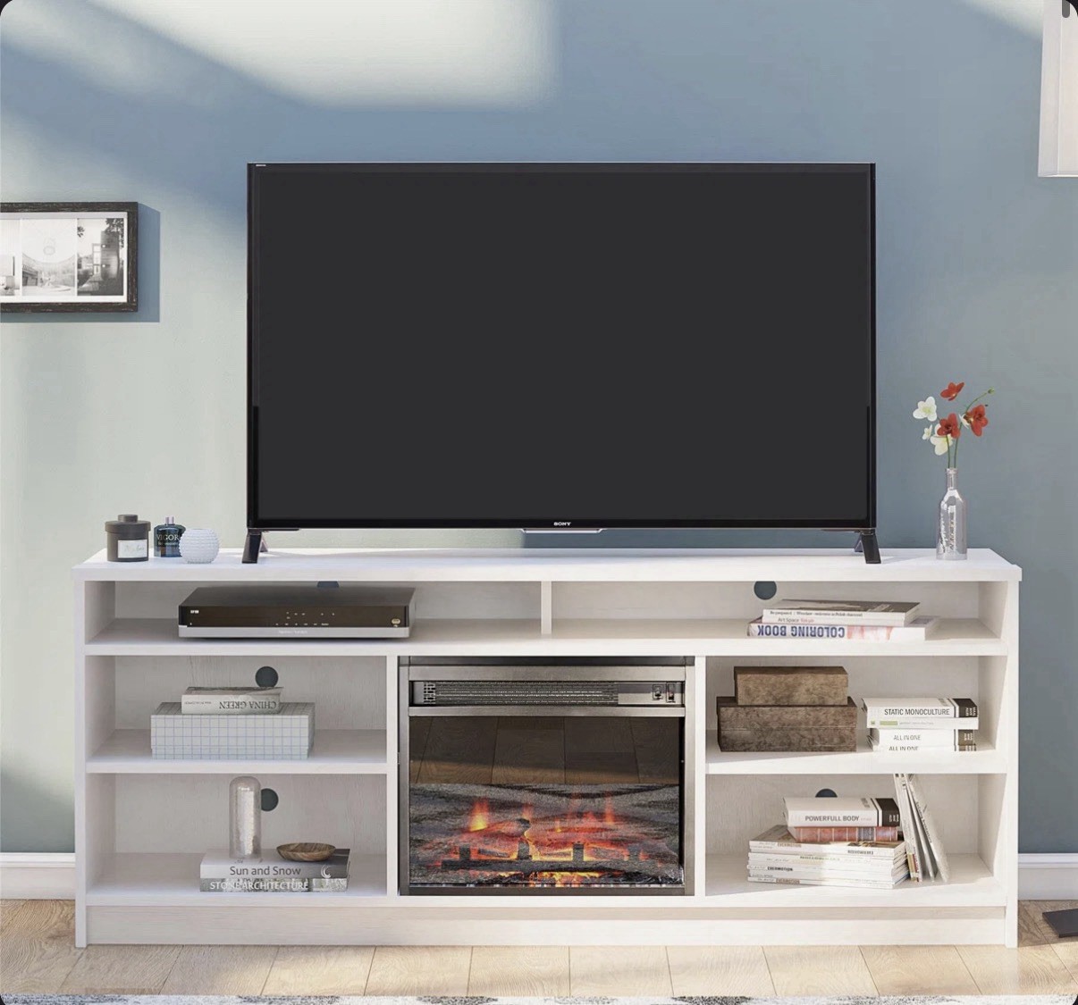 White Modern Wood Composite TV Stand with 6 Shelves & Electric Fireplace 65 inch