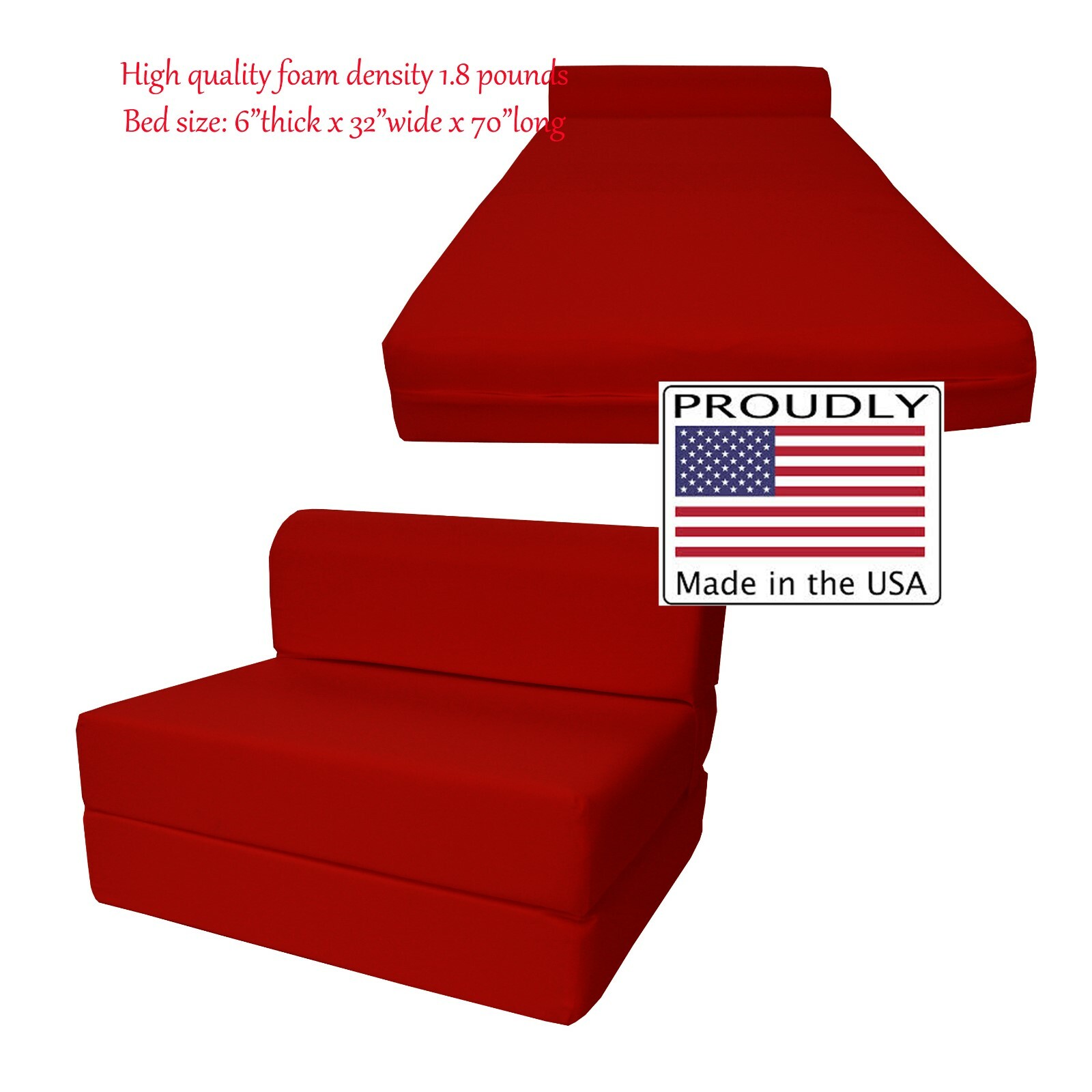 Twin Flip Chair Folding Foam Beds, Portable Studio Sofa Bed, Couch 6x32x70, Red