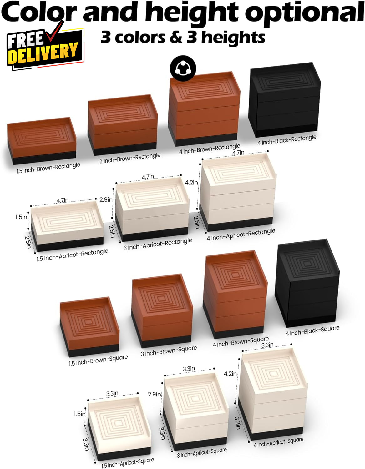 Furniture Risers Bed/Sofa/Desk/Table/Chair Leg/Fridge Lifts to 1.5, 3 and 4 In..
