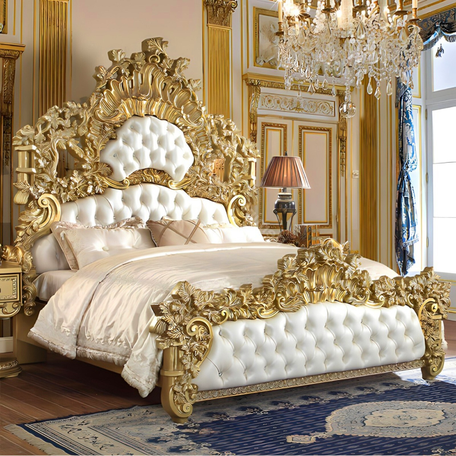 Luxury Ornate Old World Baroque King Bed Gold Carved Wood w/ Cream White Leather