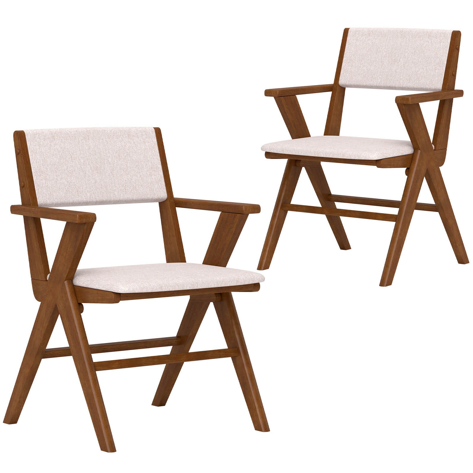 Wooden Dining Chair Set of 2 w/ Rubber Wood Frame Padded Seat & Back Armrests