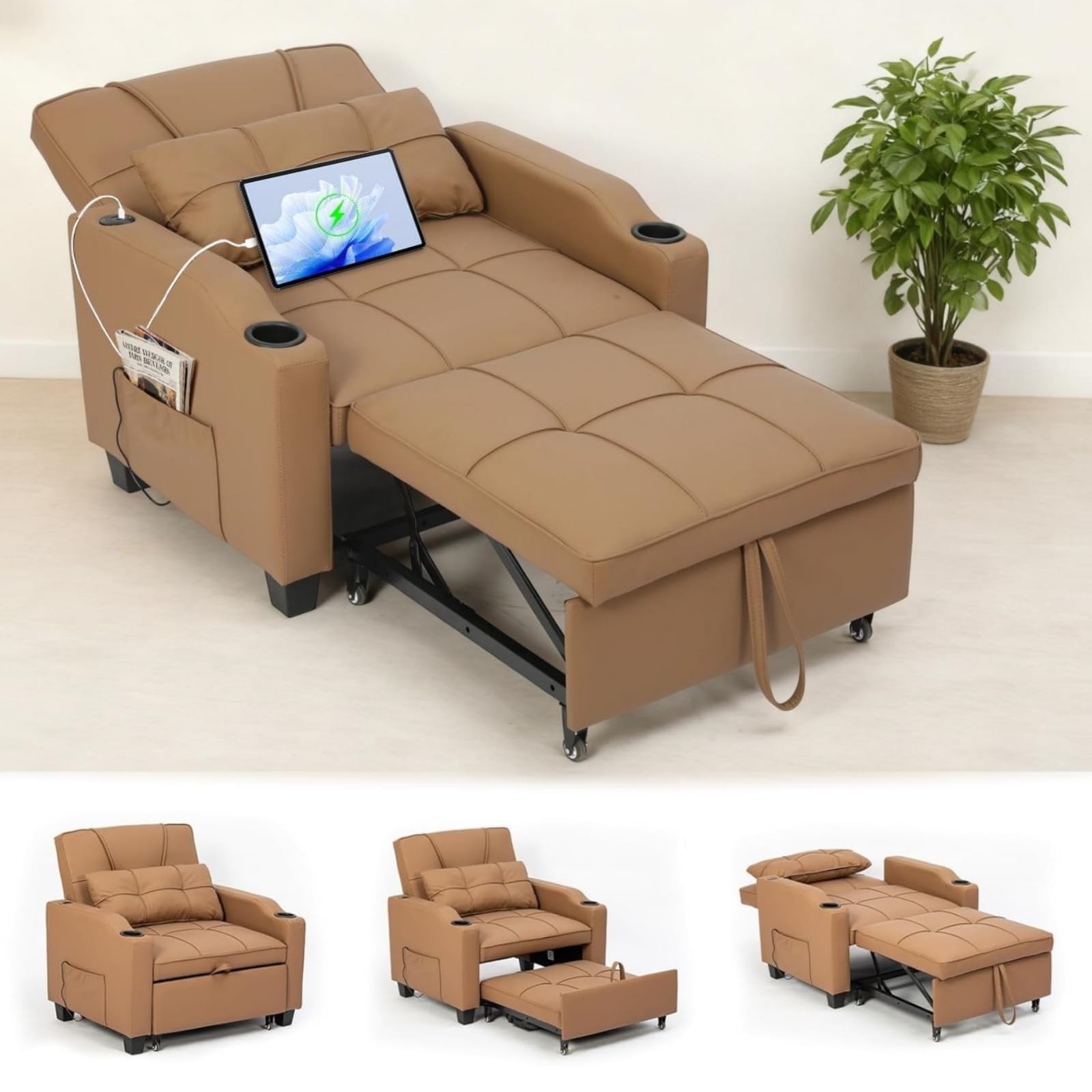 3-in-1 Sofa Bed Sleeper Chair with Adjustable Backrest USB Ports for Living Room