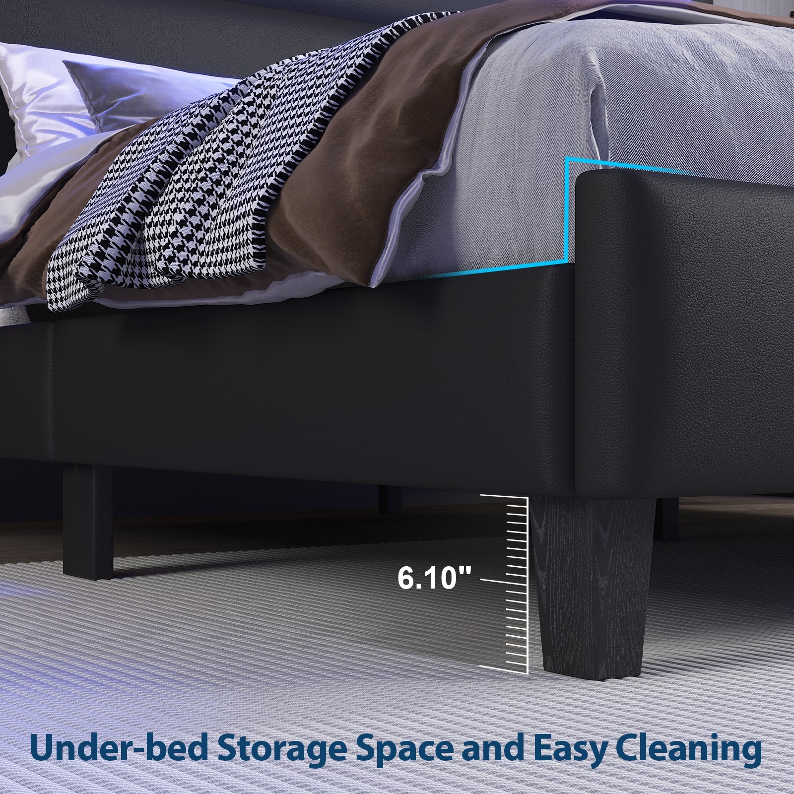 Full/Queen Smart LED Bed Frame – Soft Padded, Charging Station & Storage Shelf.