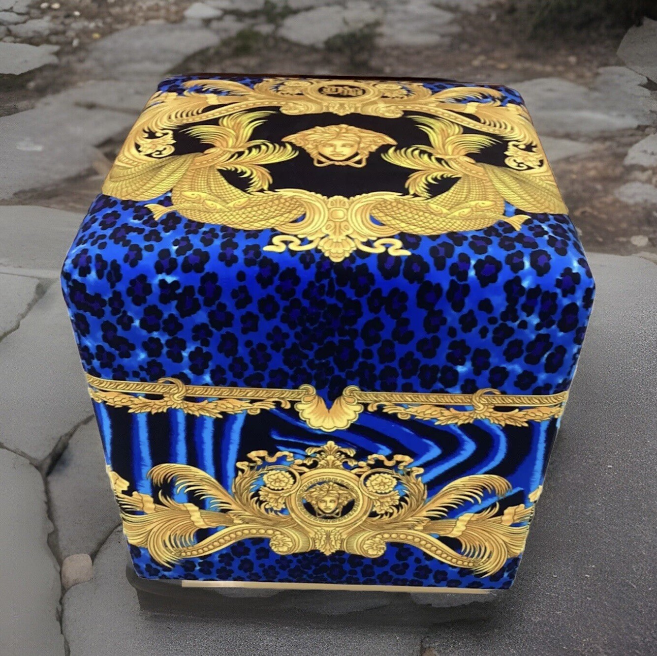Costom Made Versace Cube Ottoman Dv One Print Blue Gold Médusa Velvet 19” By 19”