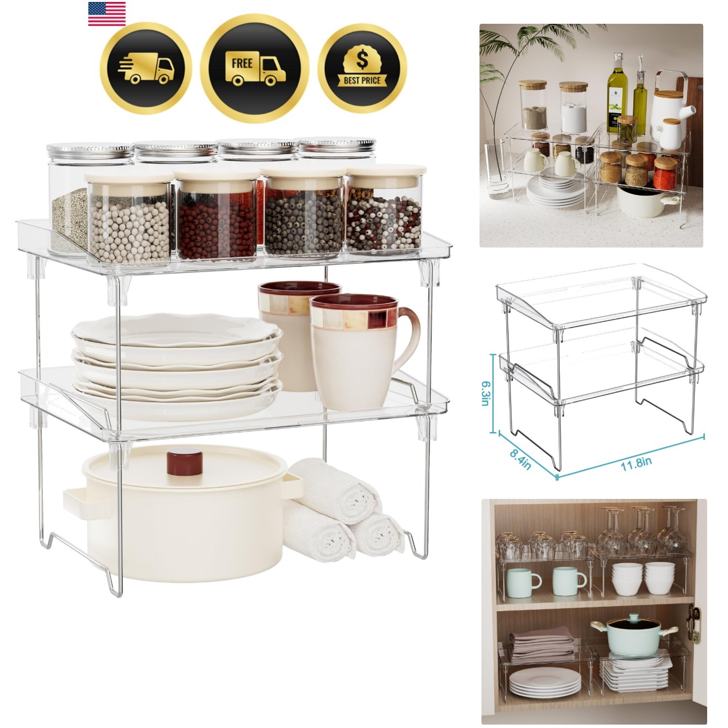 Kitchen Shelf Organizer Stackable Spice Rack Bathroom Storage Clear Plastic