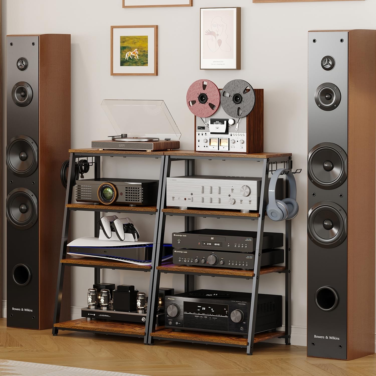 4-Tier AV Media Stand with 2 Hooks,Heavy Duty Stereo Cabinet Furniture-Large