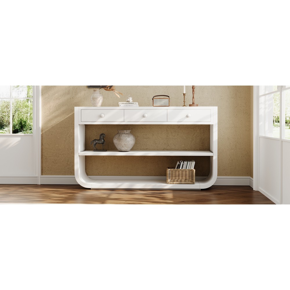 Modern Curved Console Table with 3 Soft-Close Drawers & 2 Open Shelves