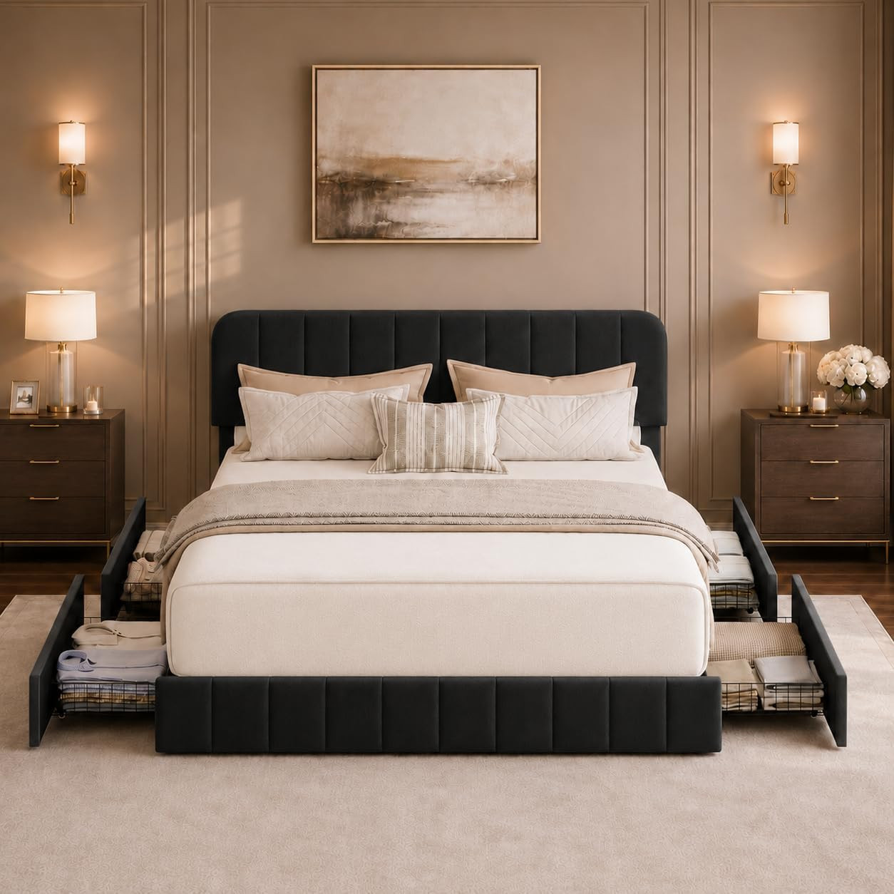 Queen Size Velvet Bed Frame with 4 Storage Drawers, Upholstered Platform Bed wit