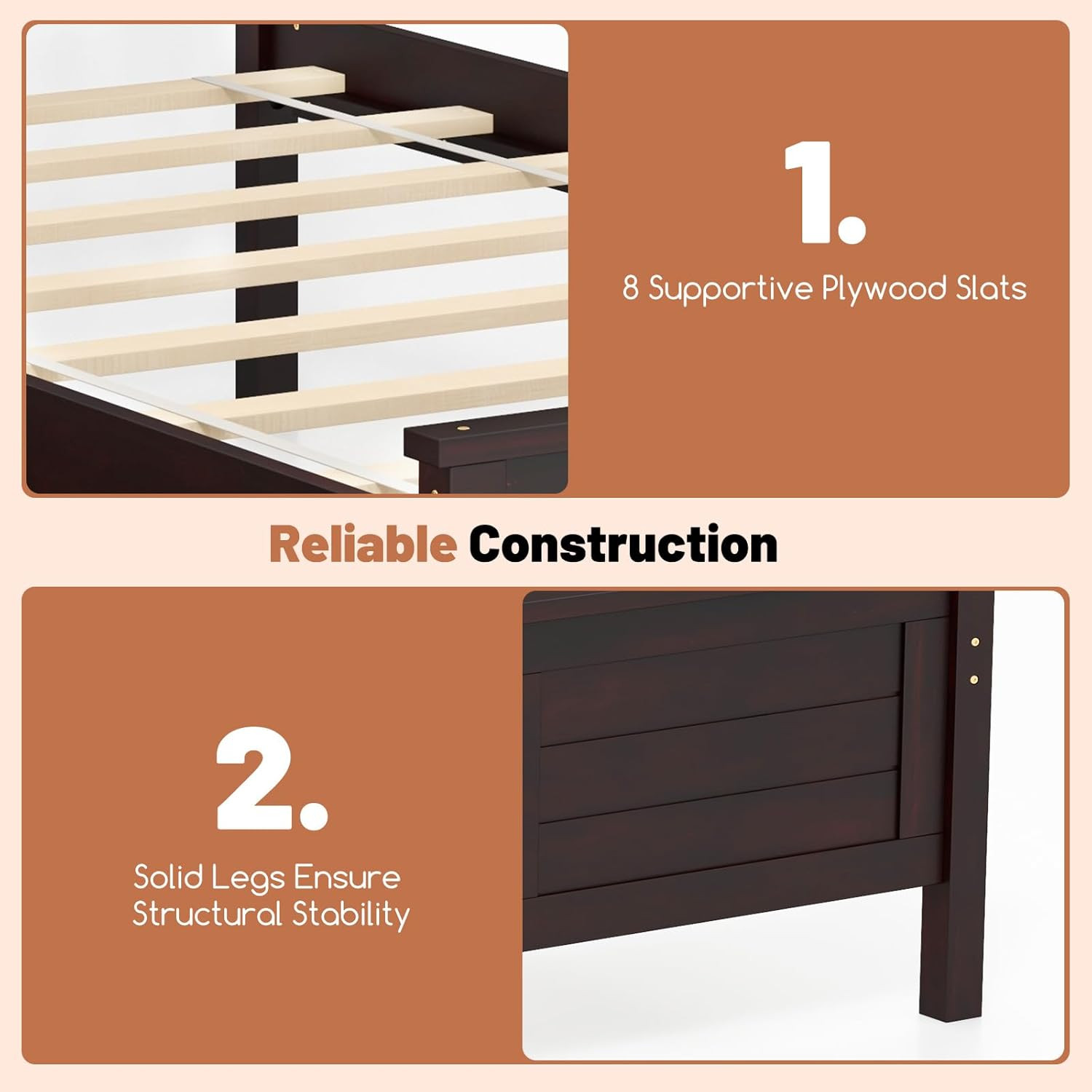Espresso Twin Bed Frame with 2 Drawers, Solid Wood Headboard, Easy Assembly