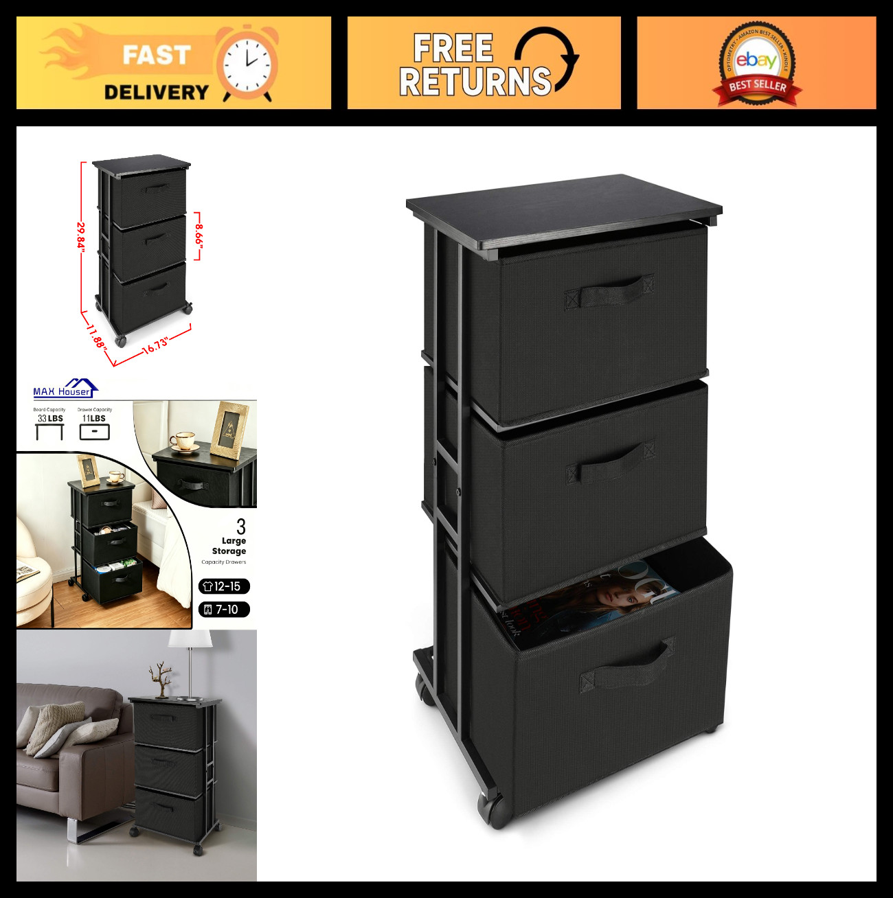 3-Drawer Fabric Dresser Tower – Vertical Storage Unit for Bedroom, Closet, Offic