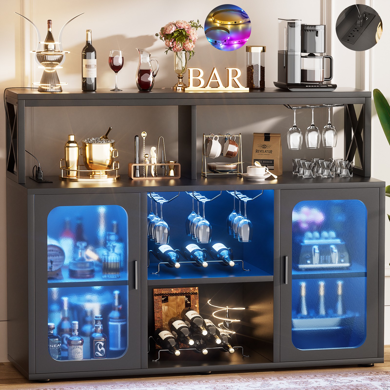 Farmhouse LED Coffee Bar Cabinet Barn Door Sideboard Buffet with Power Outlet