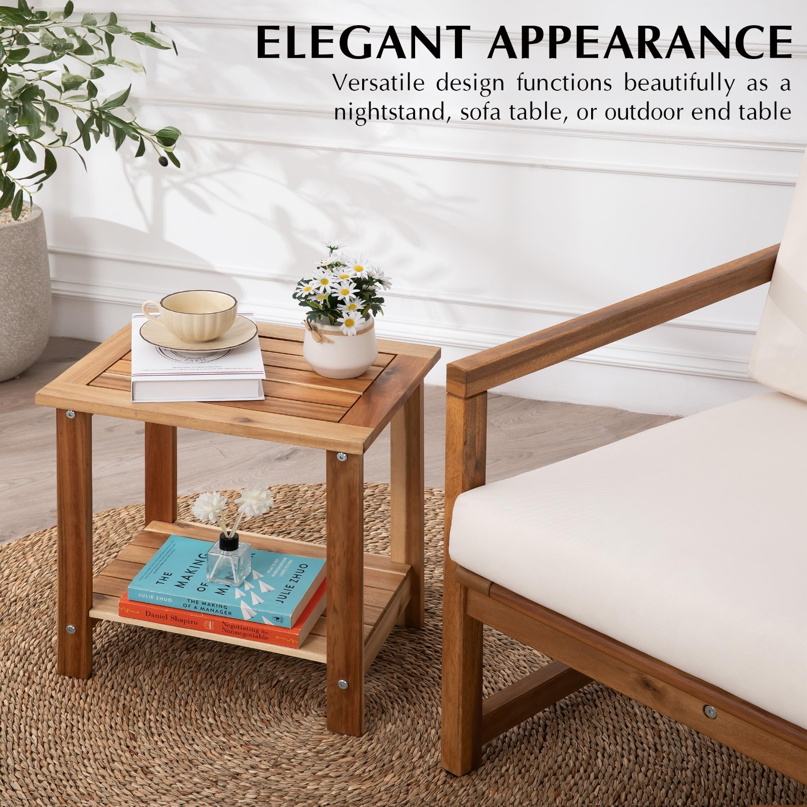 Rustic Solid Acacia Wood Side Table – 2-Tier Storage, Weather-Resistant Indoor/O