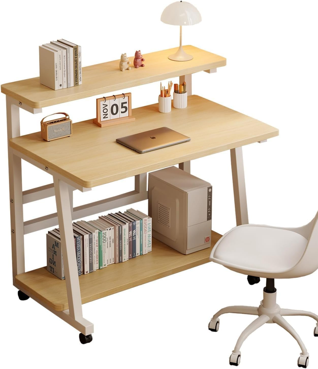 31.5 Inch Rolling Computer Desk for Small Spaces, Monitor Stand & 3-Tier Storage