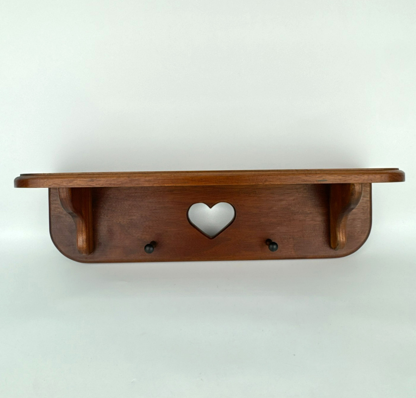 Vintage Wooden Wall Hanging Shelf Heart Cutout With Pegs 17″x4.75″ Cottage Core