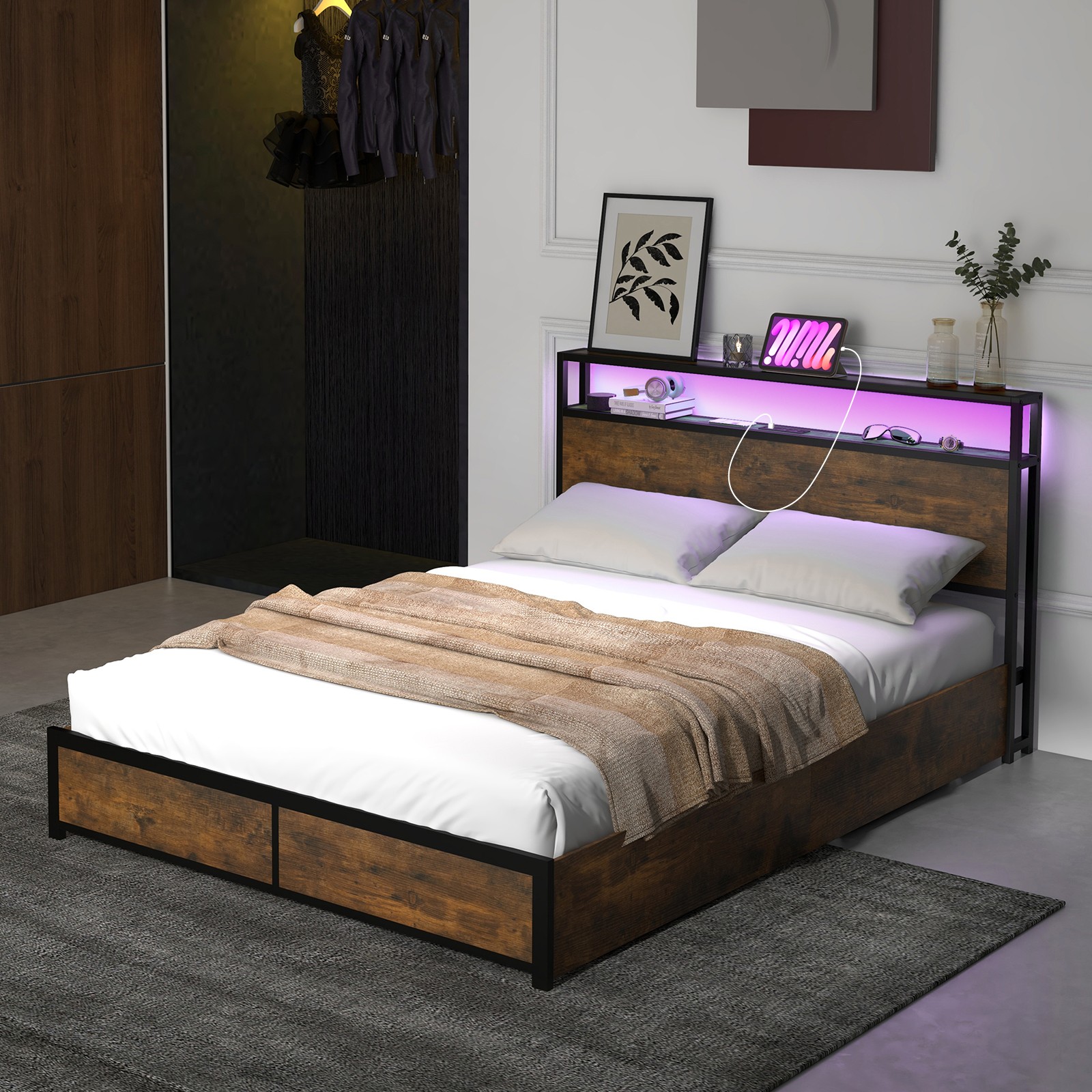 Full Industrial Platform Bed Frame with Storage Drawers & LED Lights Headboard