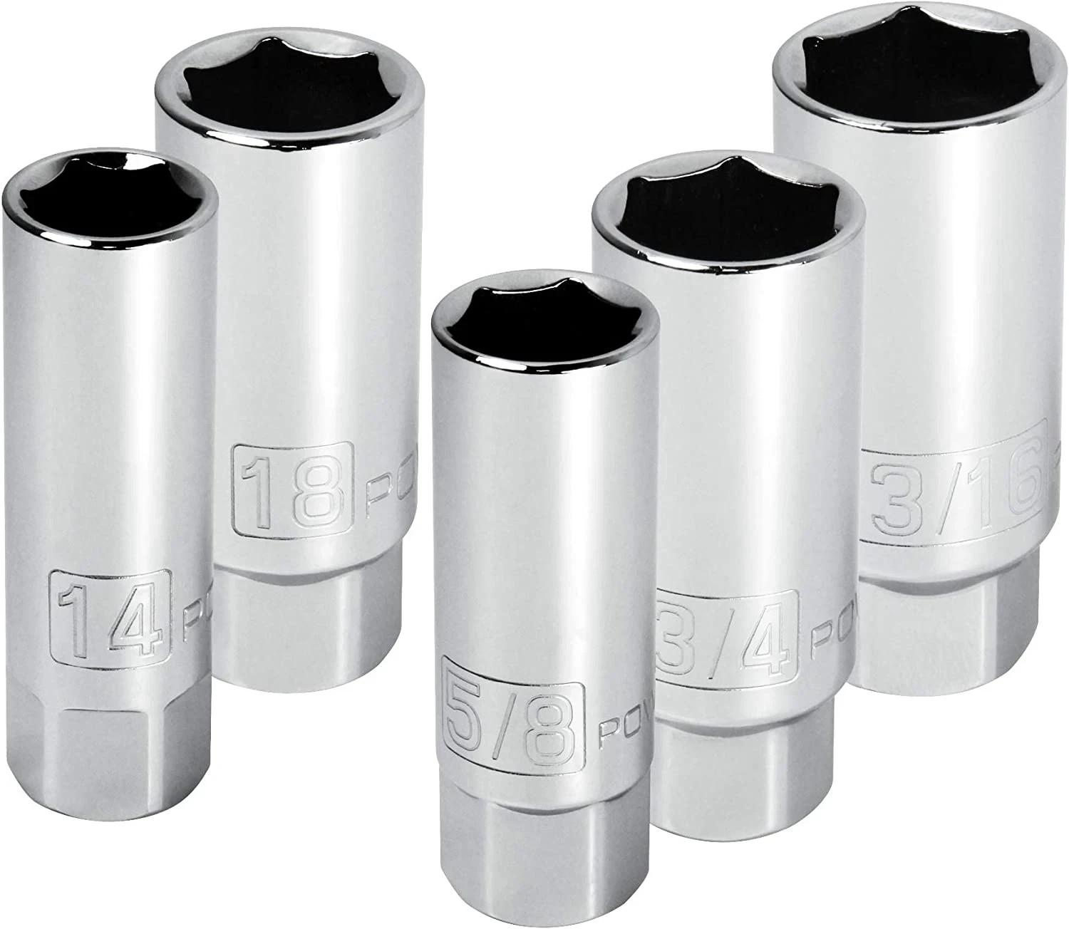 3/8-Inch Drive Spark Plug Socket Set, 6 Point, Deep Thin Wall, 5 Piece Metric an