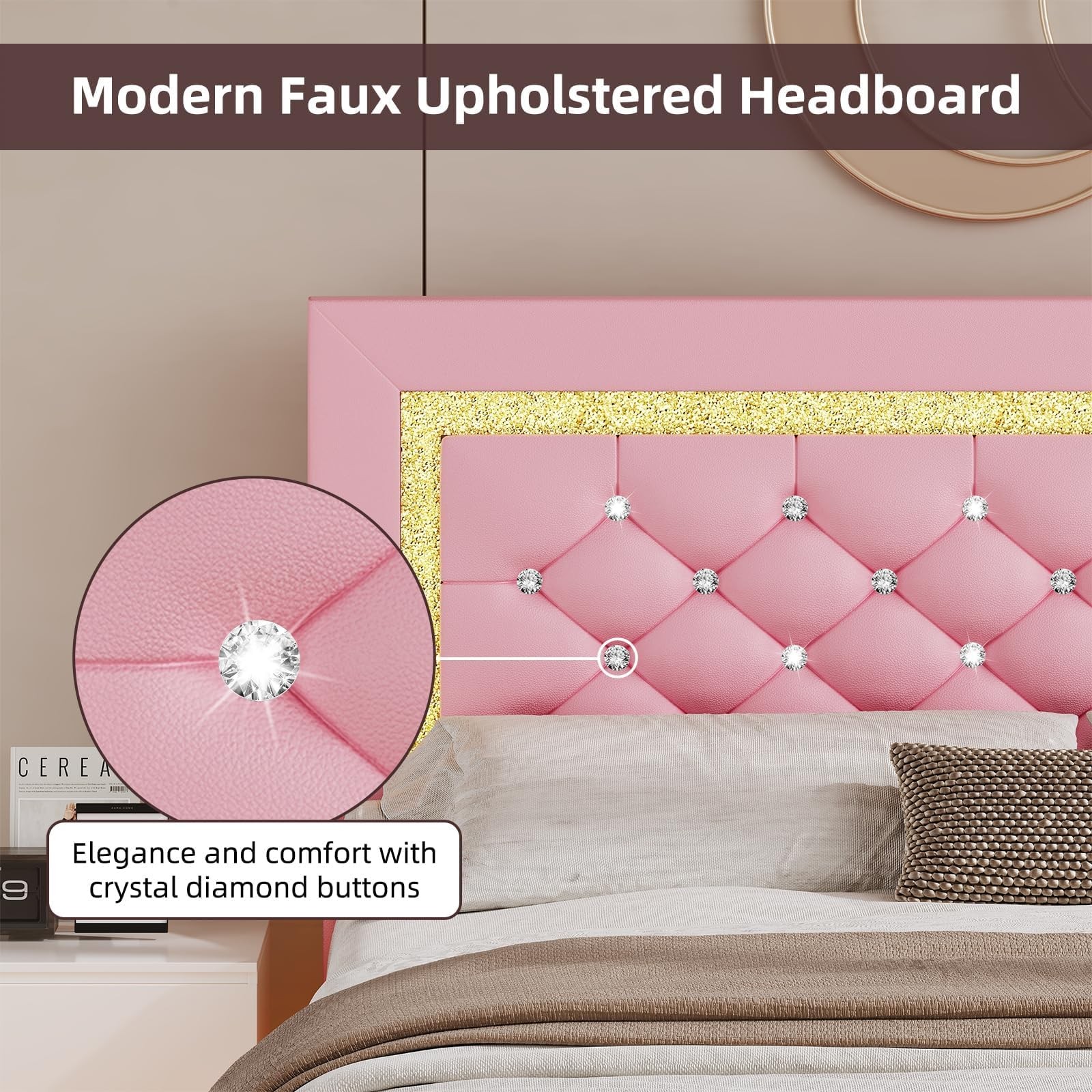 Floating King Bed Frame with LED Lights Upholstered Diamond Headboard Pink