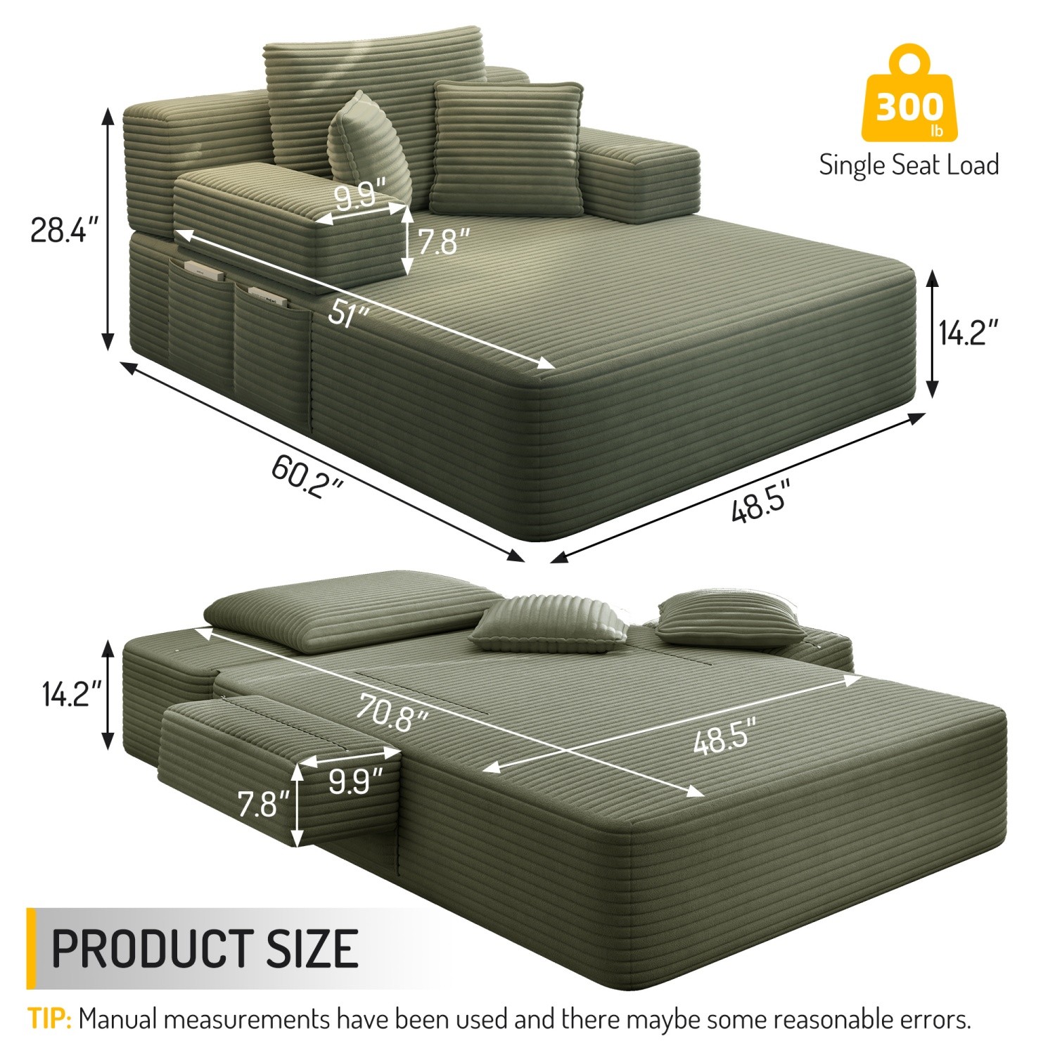 Modern Plush Corduroy Sofa Bed Chaise Lounge No Assembly Required for Apartment