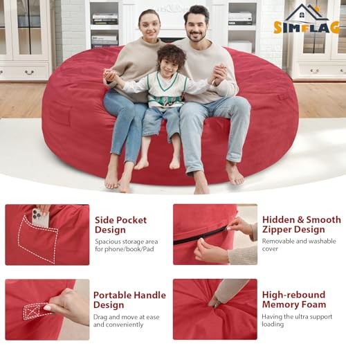7FT Bean Bag Chair, Large Bean Bag Chairs with Memory Foam 7FT- 72″x72″x18″ Red