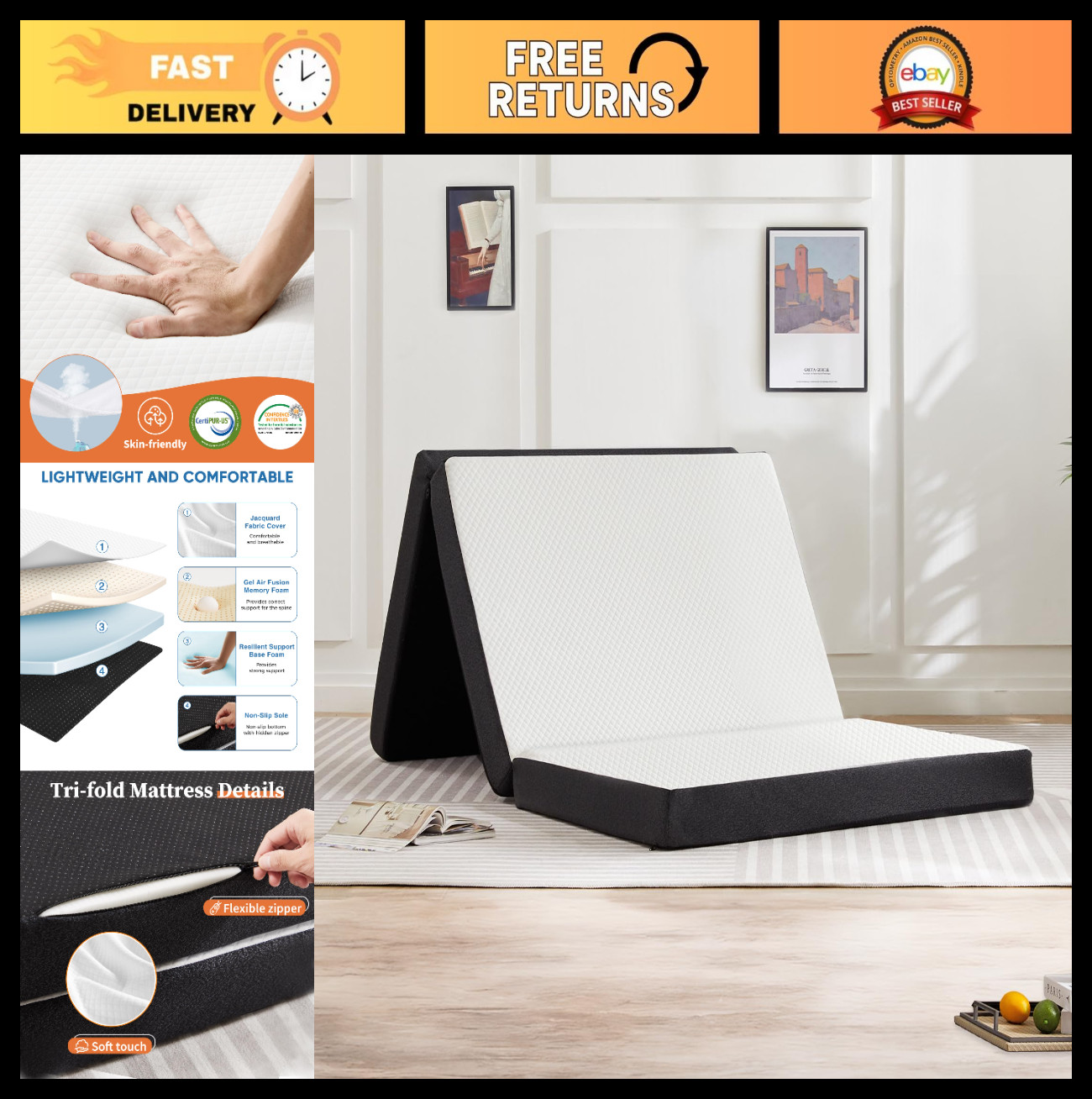 3″ Tri-Fold Memory Foam Mattress Topper – Portable Guest Bed, Washable Cover, No