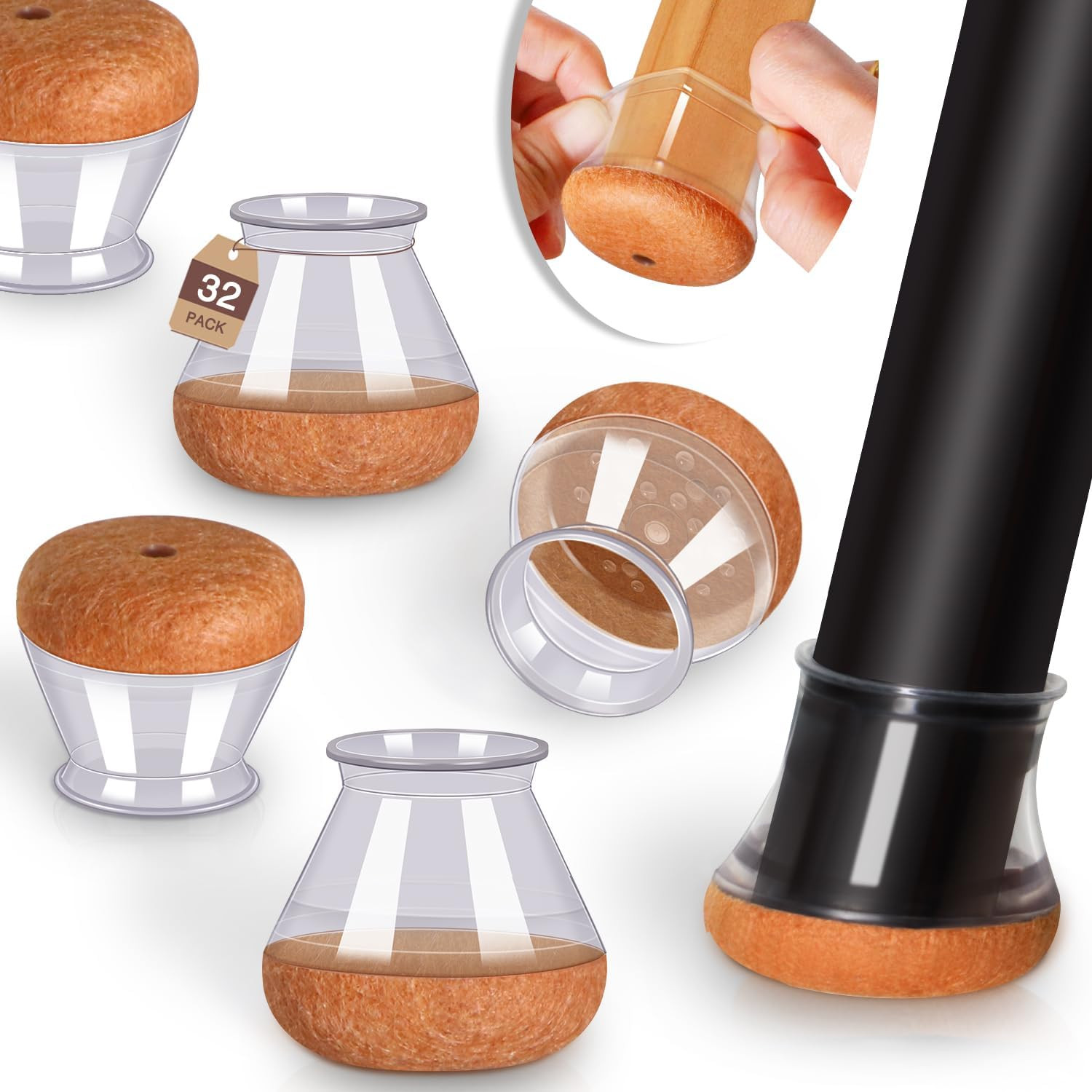 Chair Leg Floor Protectors Silicone Caps Felt Pads Anti Scratch 32 Pack Clear