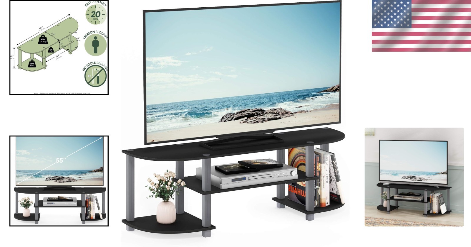 Stylish Wide TV Entertainment Center with Easy 10-Minute Assembly – Black/Grey
