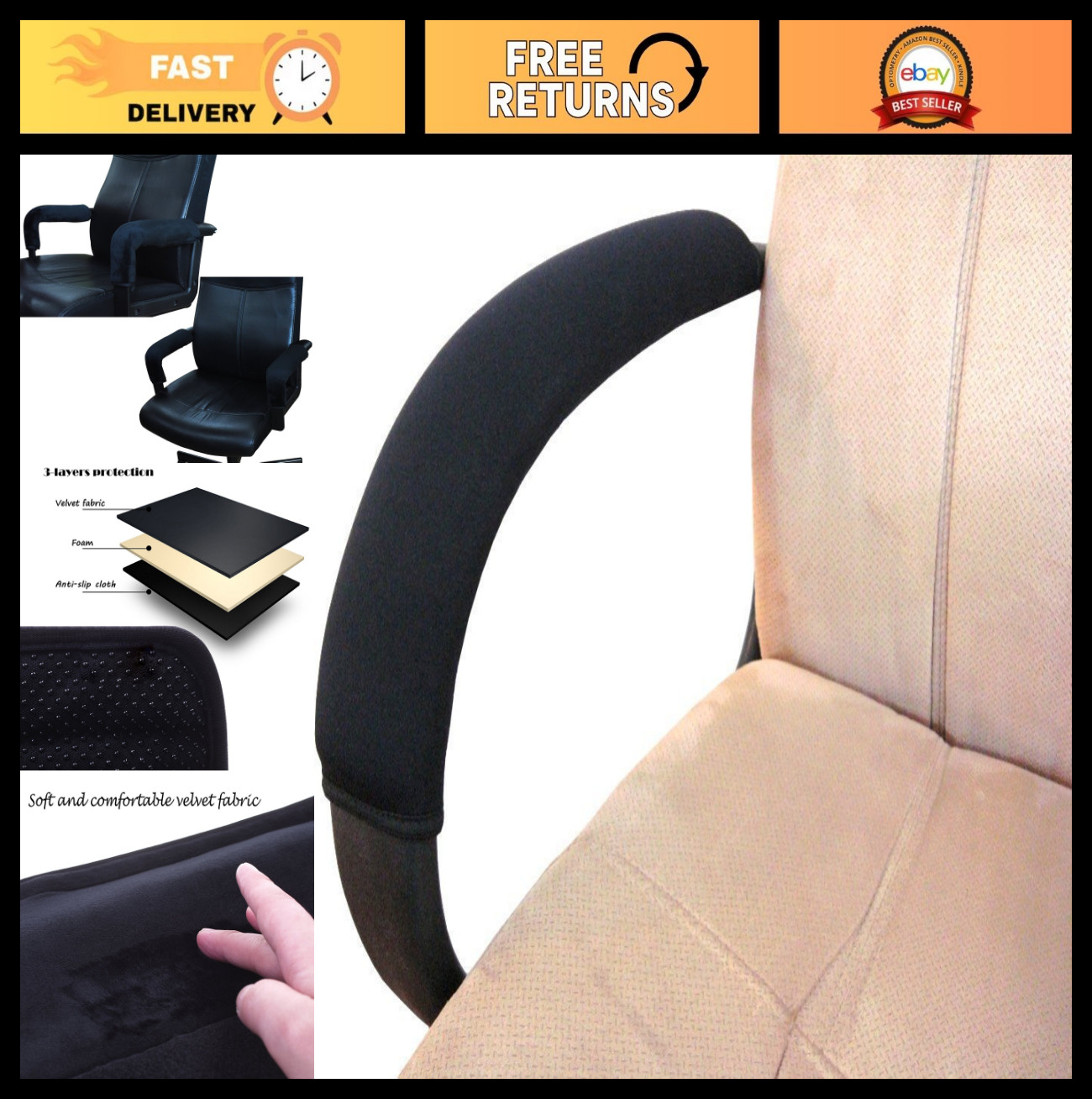 2 Pack Office Chair Armrest Covers – Durable, Removable, Machine Washable, Black