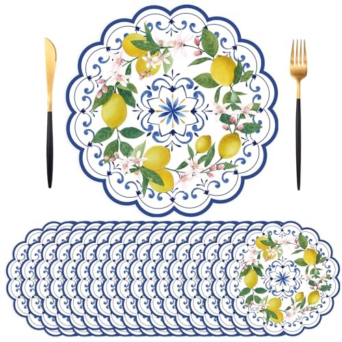 50PCS Lemon Paper Placemats – 13.7 Inch Blue Chinoiserie Celadon – Disposable