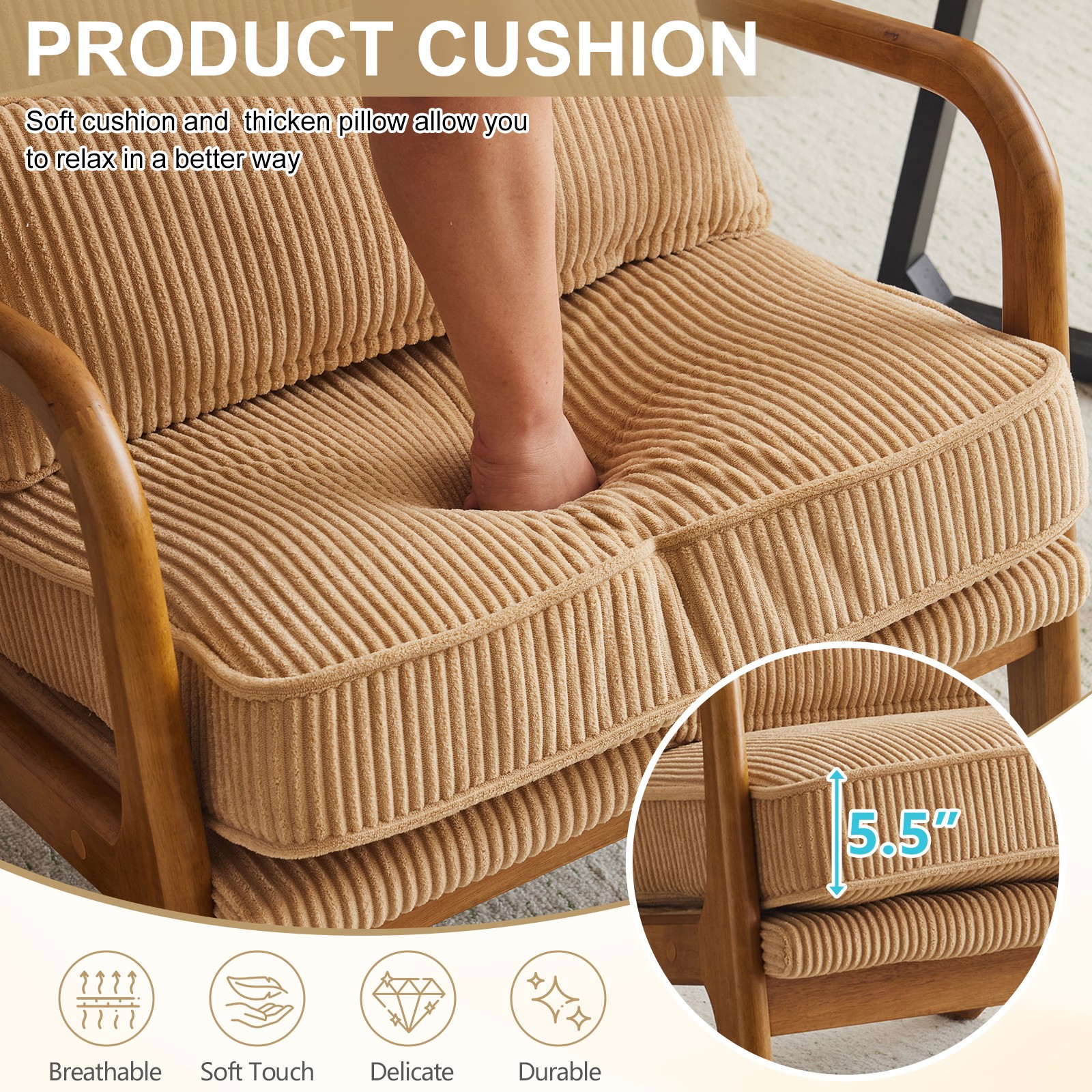 Khaki Corduroy Upholstered Indoor Lounge Chair (330LBS Weight Capacity)