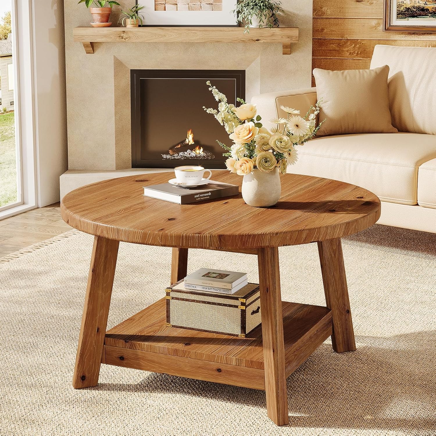 31.5 Inch Solid Wood Round Coffee Table, 2-Tier Farmhouse Circle Center Table