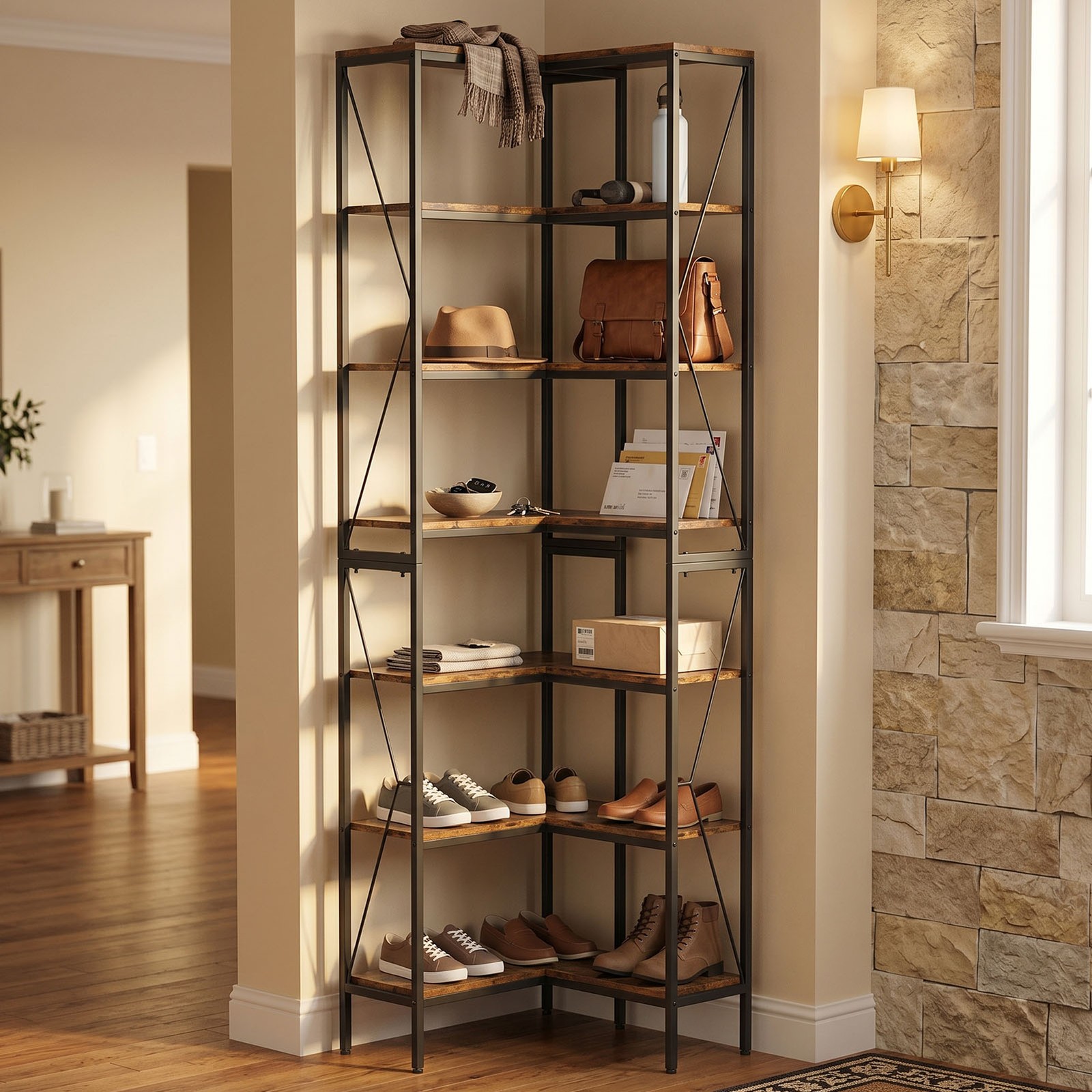 Transform Empty Corners! 7-Tier L-Shaped Bookshelf Industrial Rack For