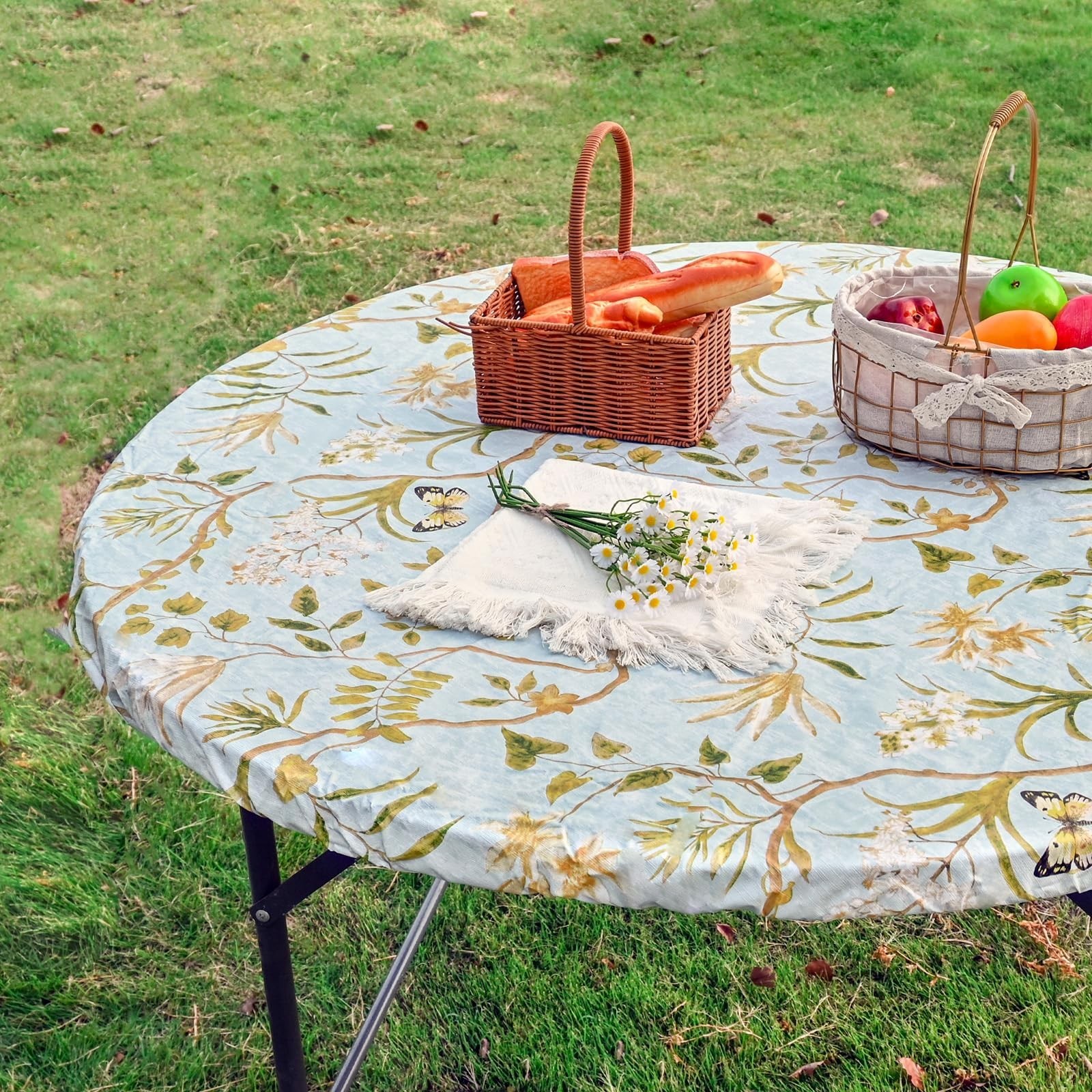 Round Flower Green Tablecloth, Vinyl Waterproof Tablecloths with Flannel Back…