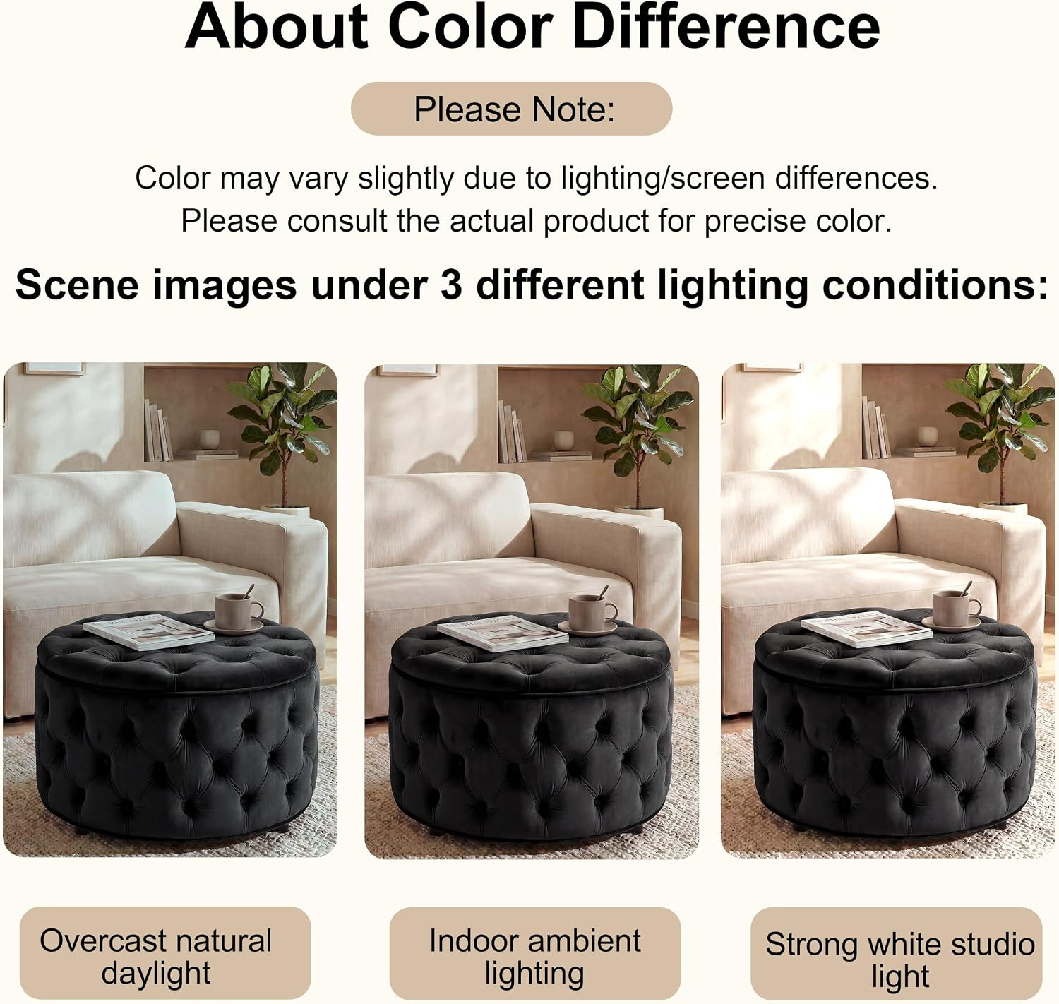 Homebeez 28 Inch round Storage Ottoman, Velvet Button Tufted Ottoman, Removable