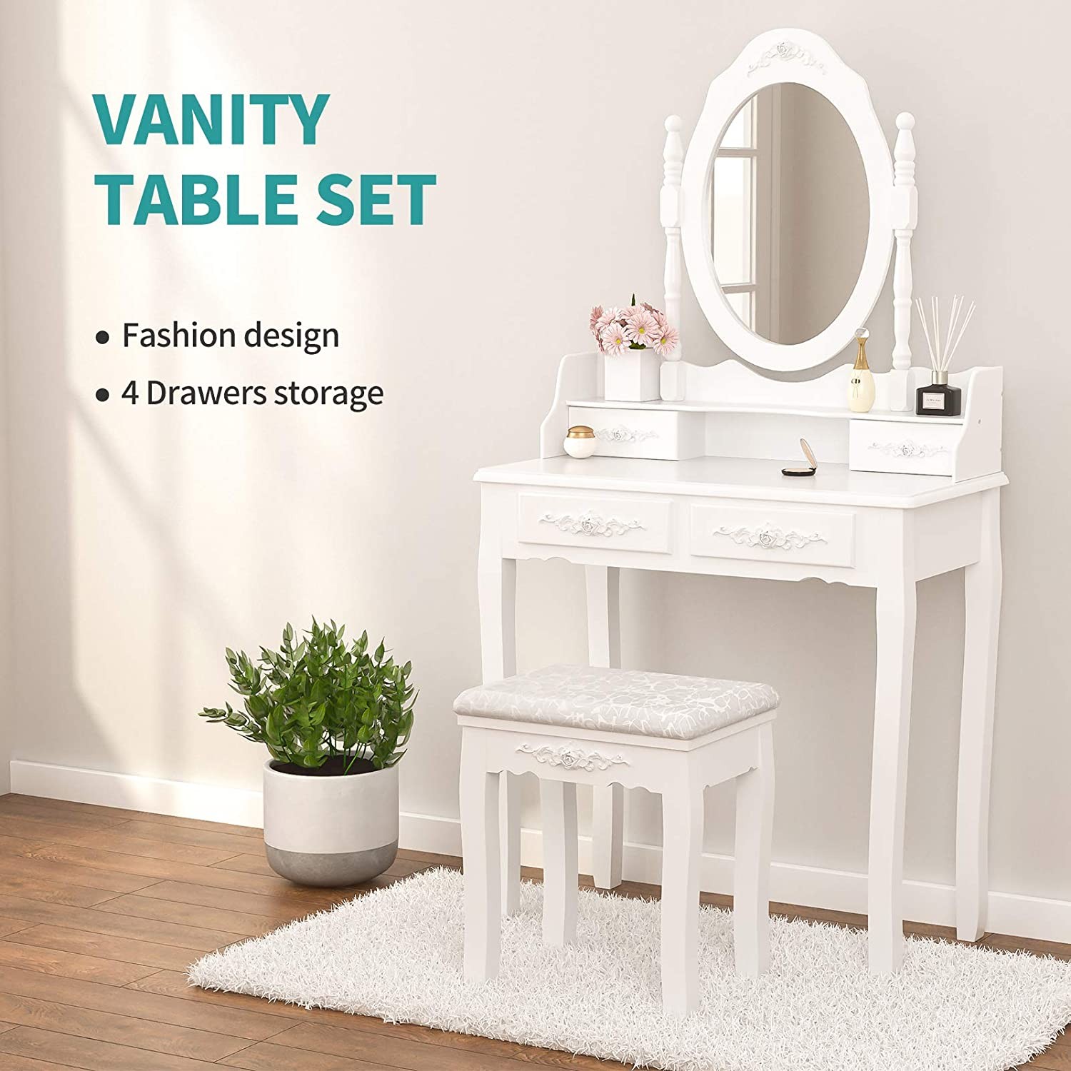 Makeup Vanity Table Set W/ 4 Drawers Oval Mirror Girls Dressing Table White